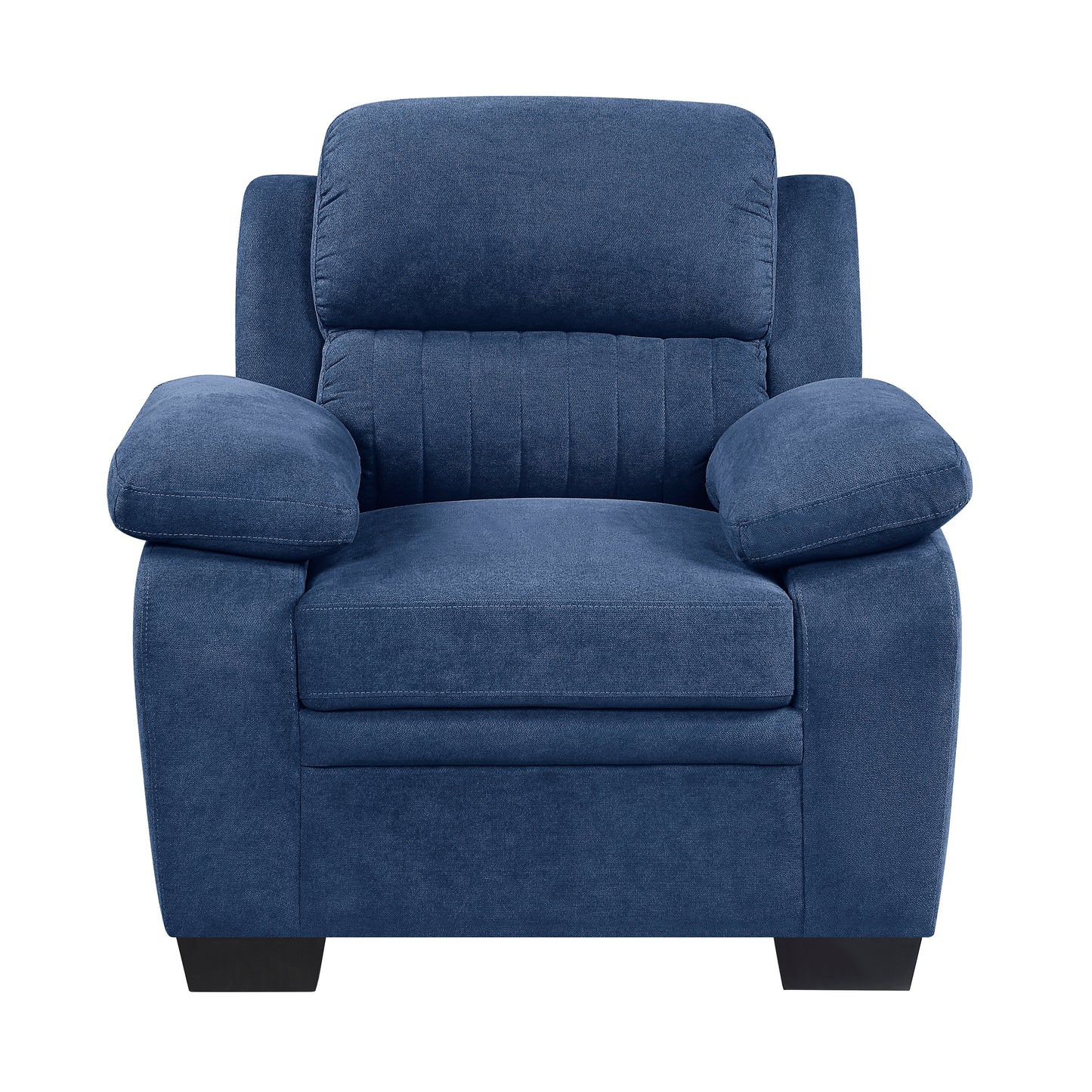 Plush navy blue fabric armchair with cushioned headrest and arms perfect for living room comfort
