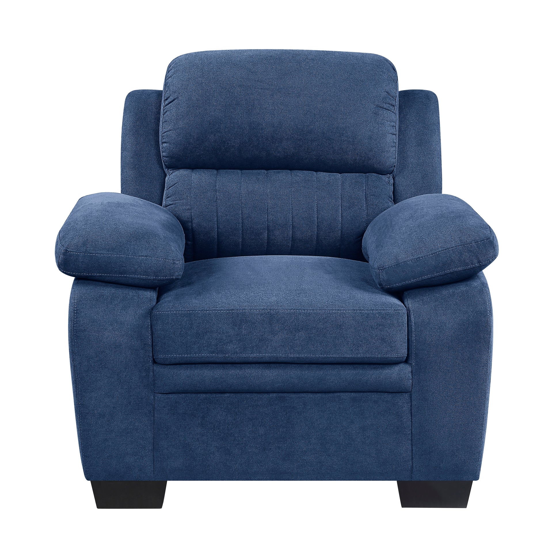 Plush navy blue fabric armchair with cushioned headrest and arms perfect for living room comfort