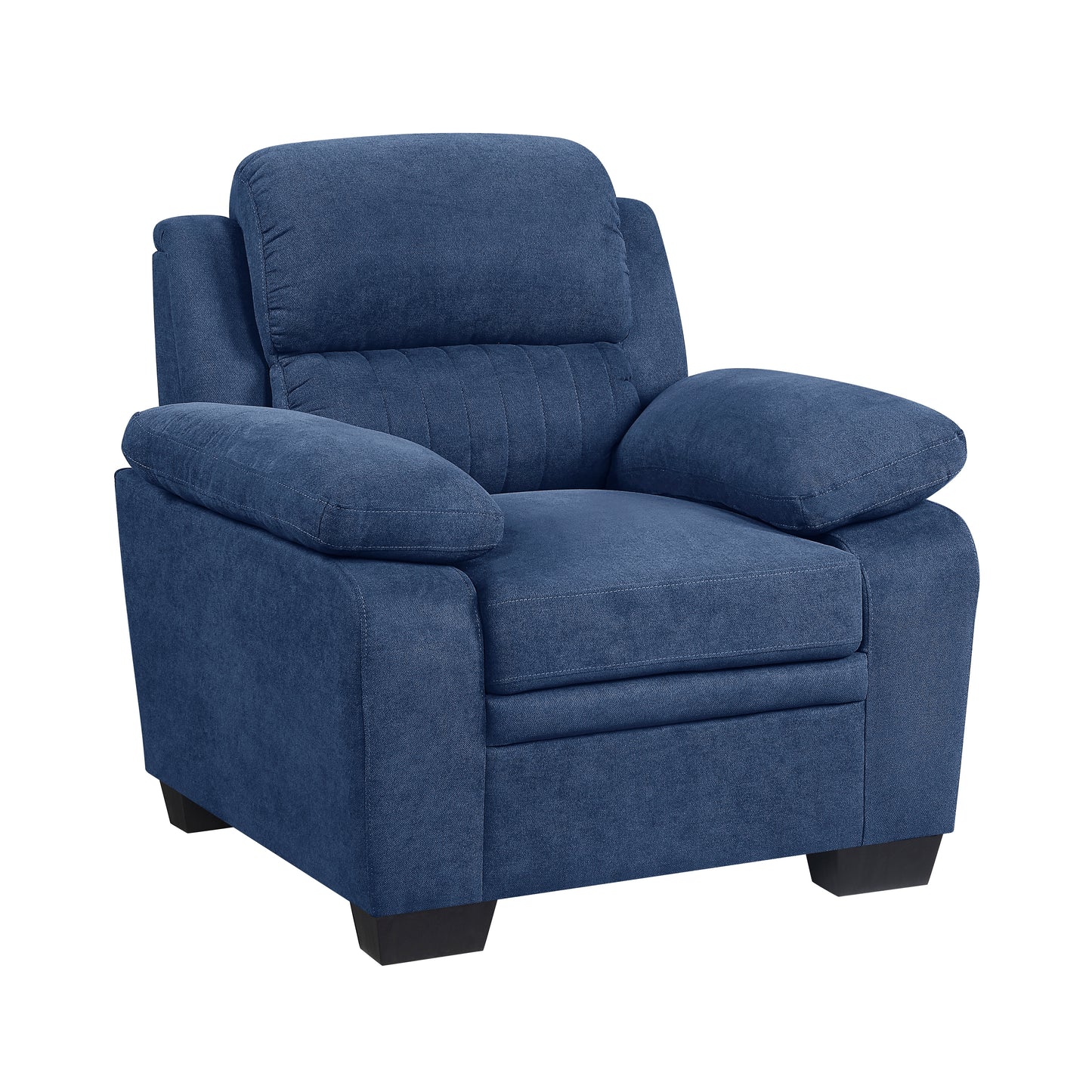 Navy blue fabric recliner chair with padded arms and a plush seat