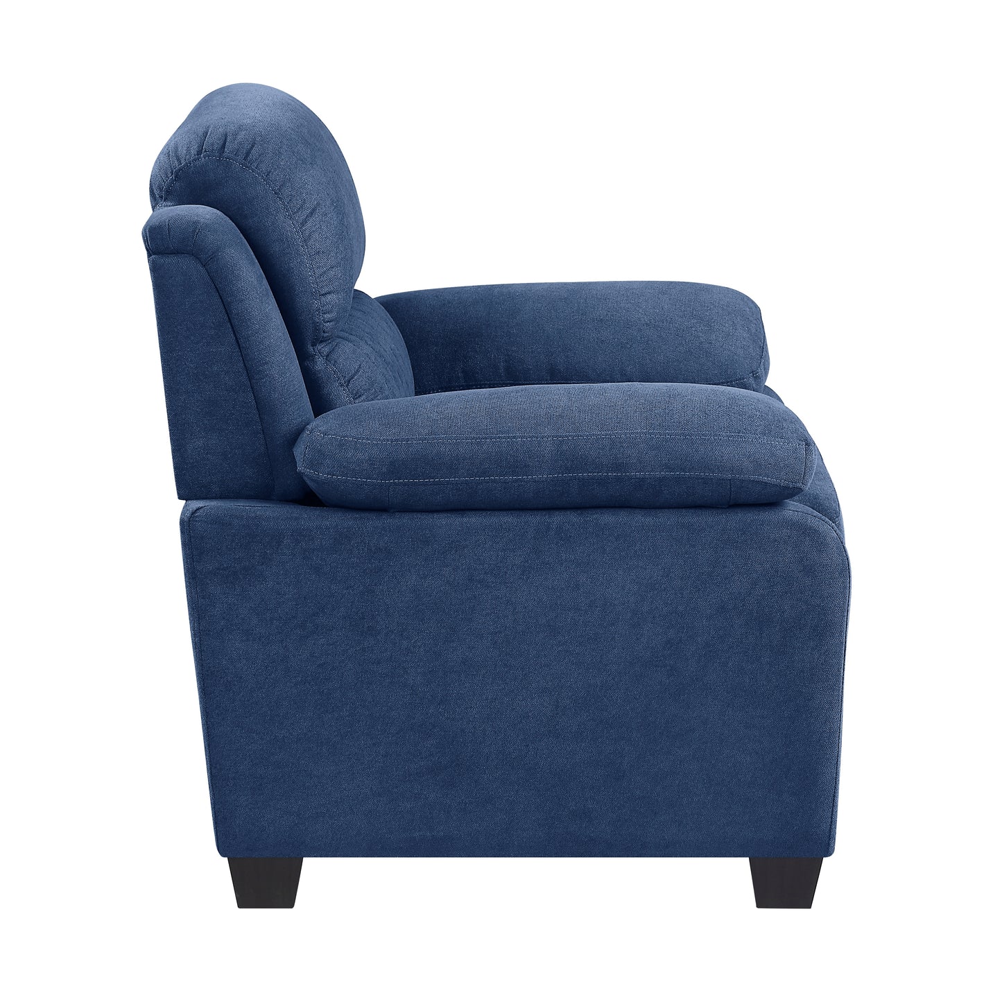 Navy blue fabric armchair with plush cushions and dark wooden legs