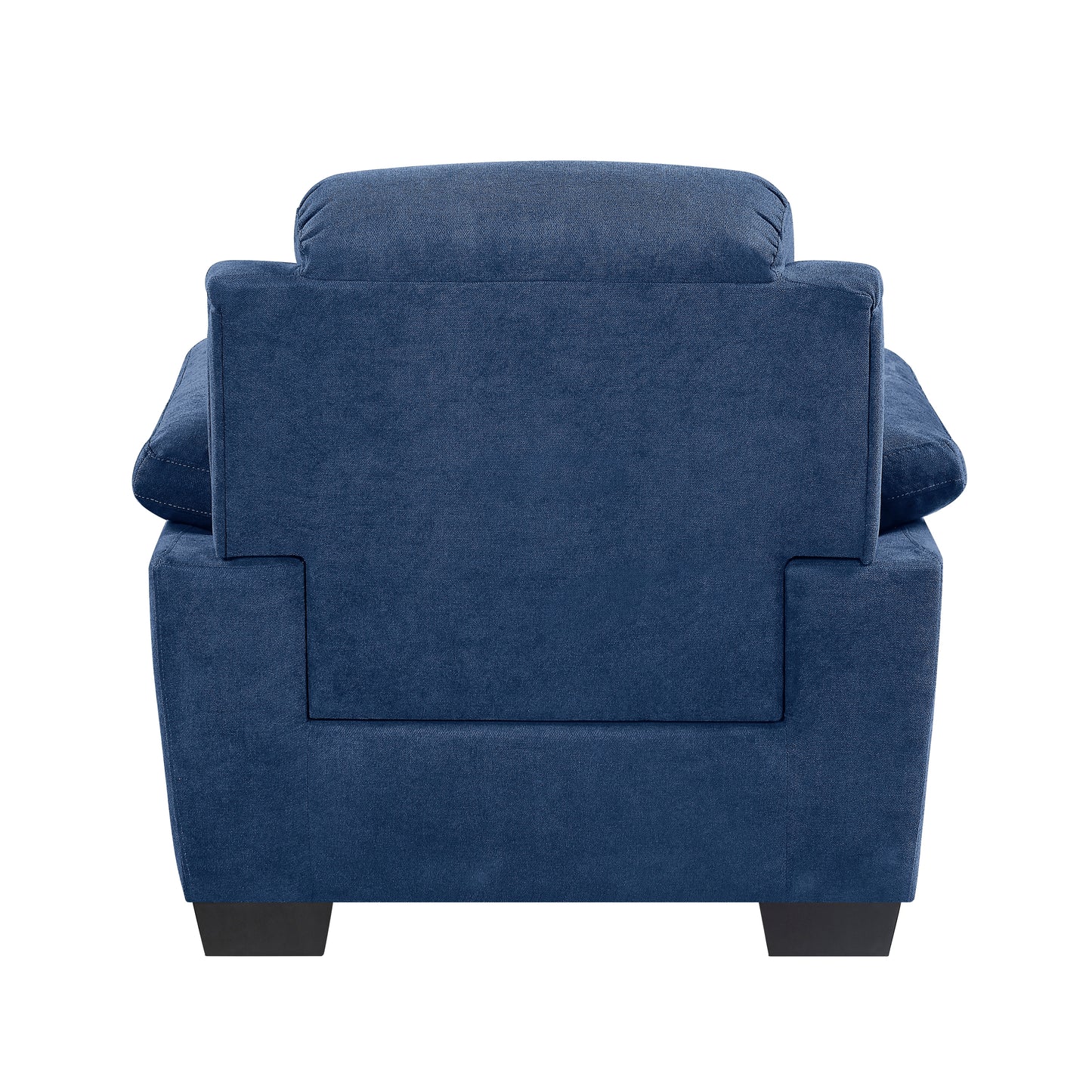 Deep blue upholstered armchair with plush cushions and dark square legs