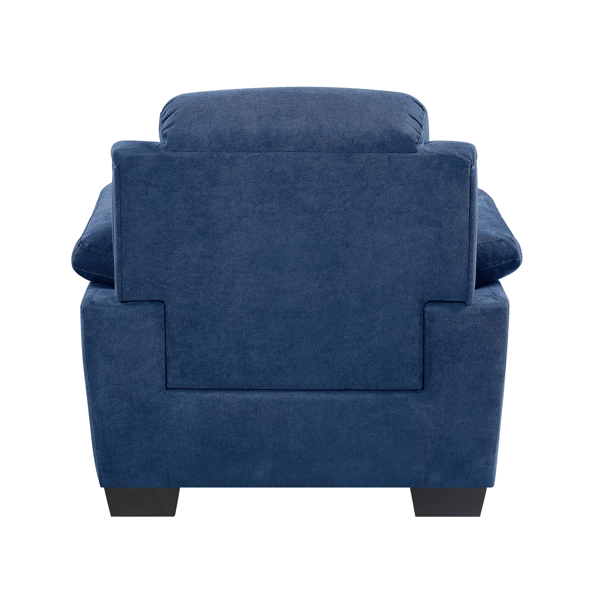 Deep blue upholstered armchair with plush cushions and dark square legs