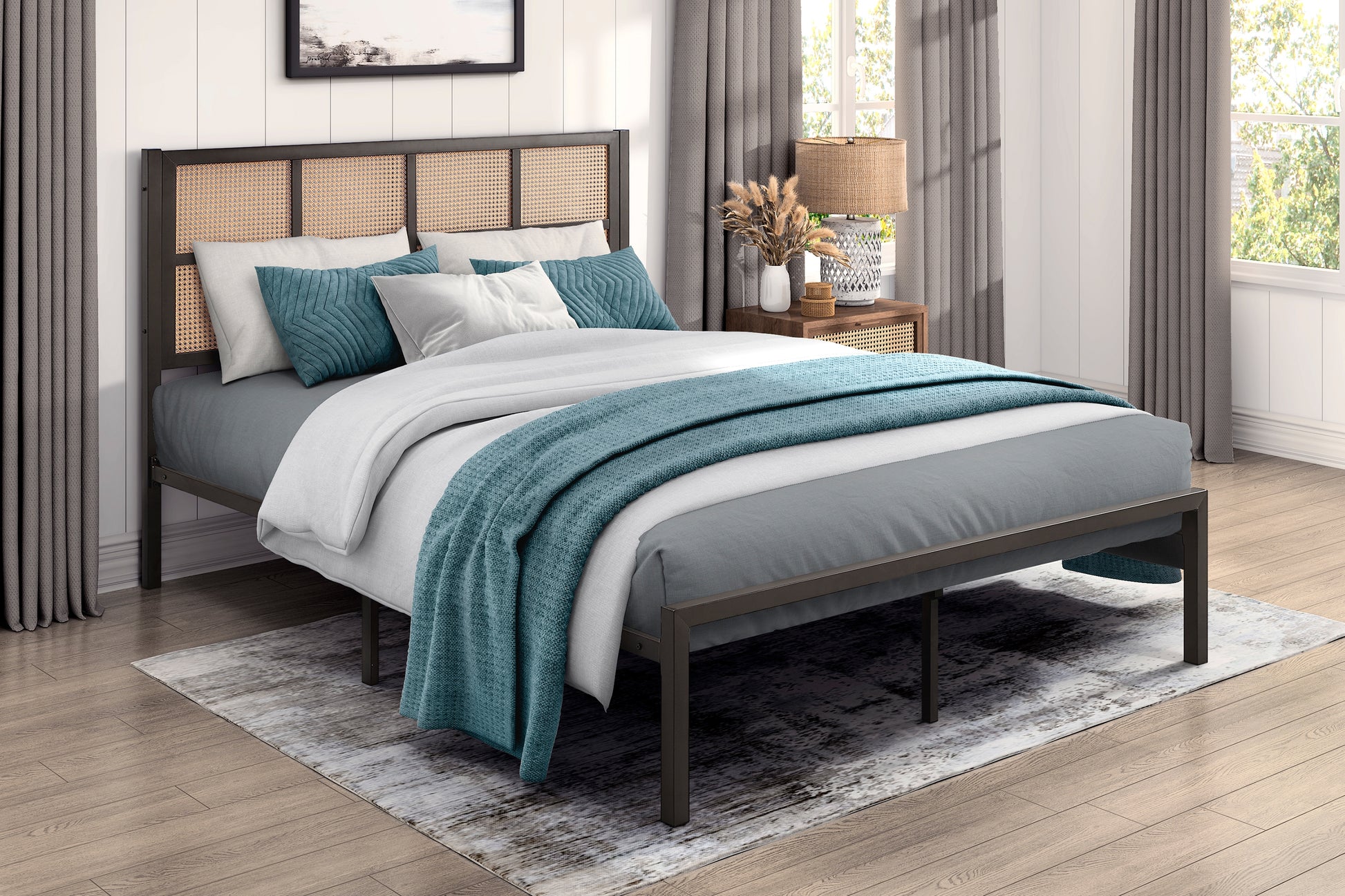 Dark metal platform bed frame with woven rattan headboard and teal accents