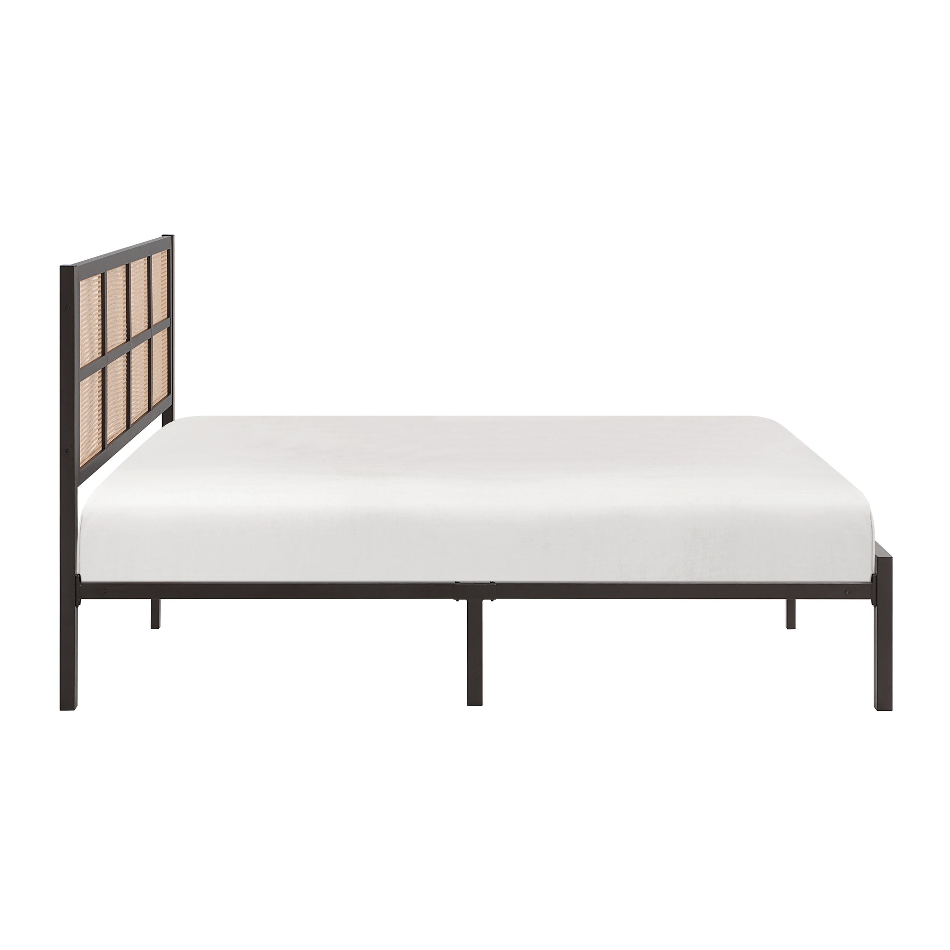 Dark brown metal platform bed frame with woven cane headboard and white mattress