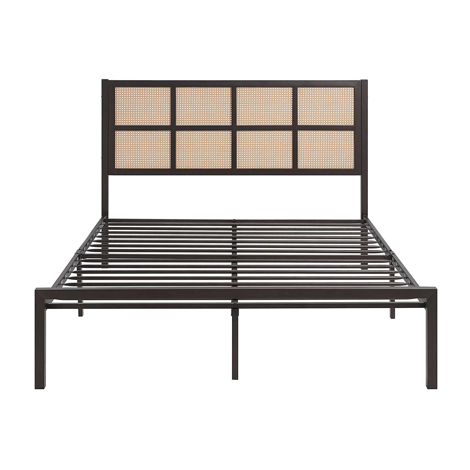 Dark metal platform bed frame with a canewoven headboard in a modern design