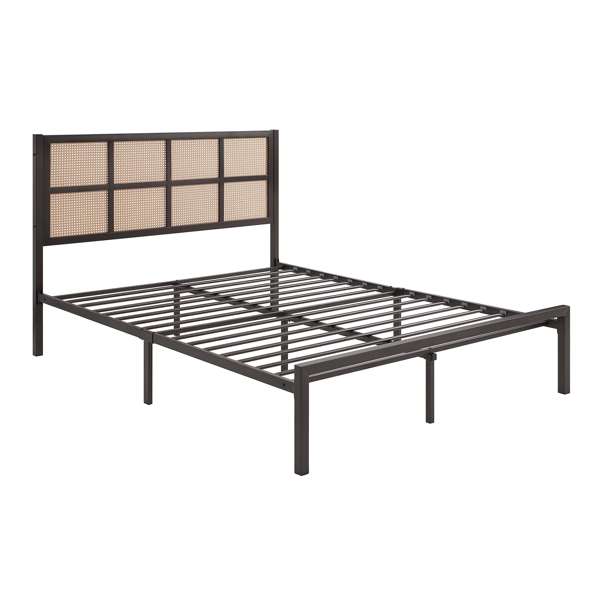 Bronze metal bed frame with woven rattan headboard and slatted base