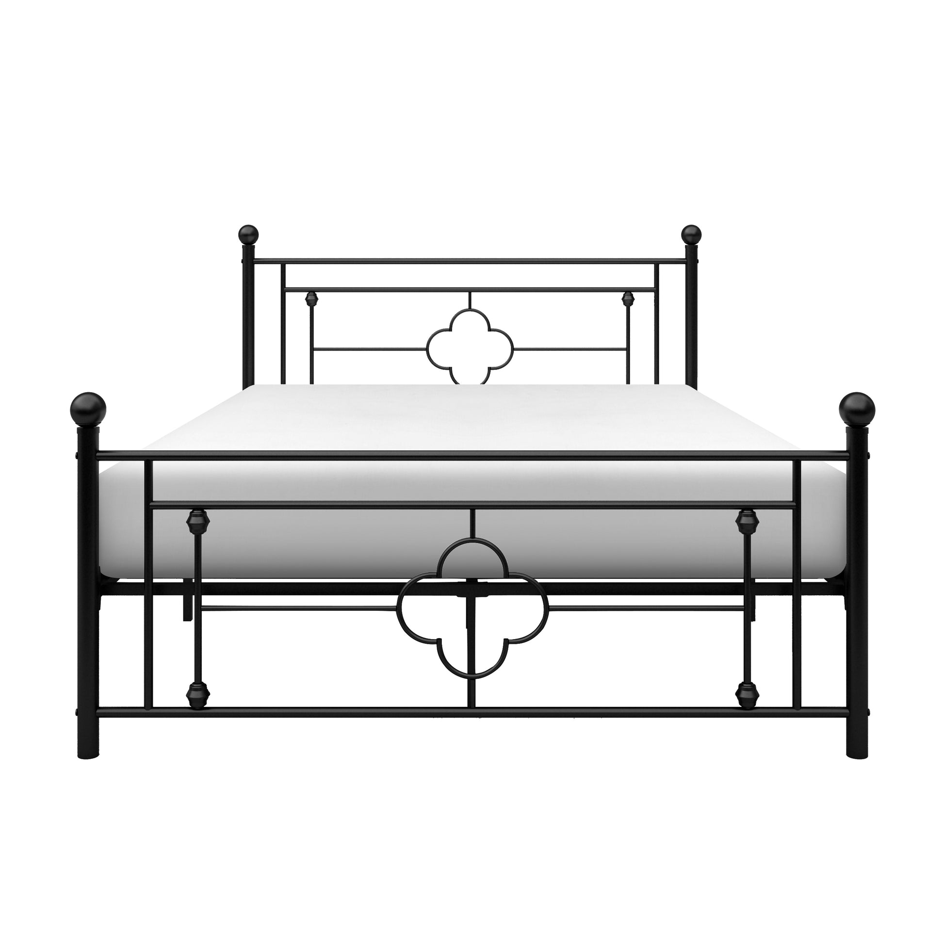 Black metal bed frame with decorative clover accents and spherical finials featuring a white mattress