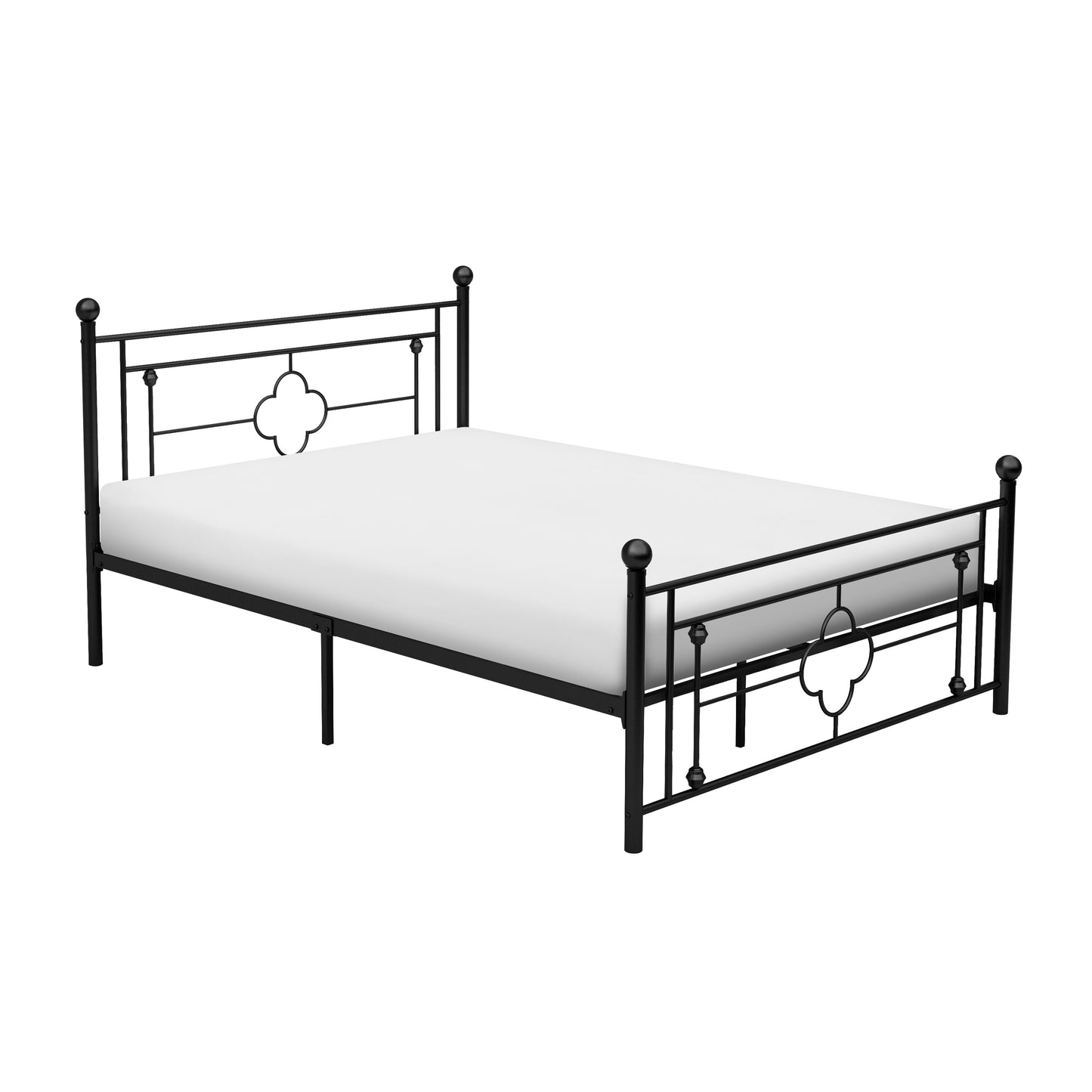 Black metal bed frame with decorative clover motif headboard and footboard