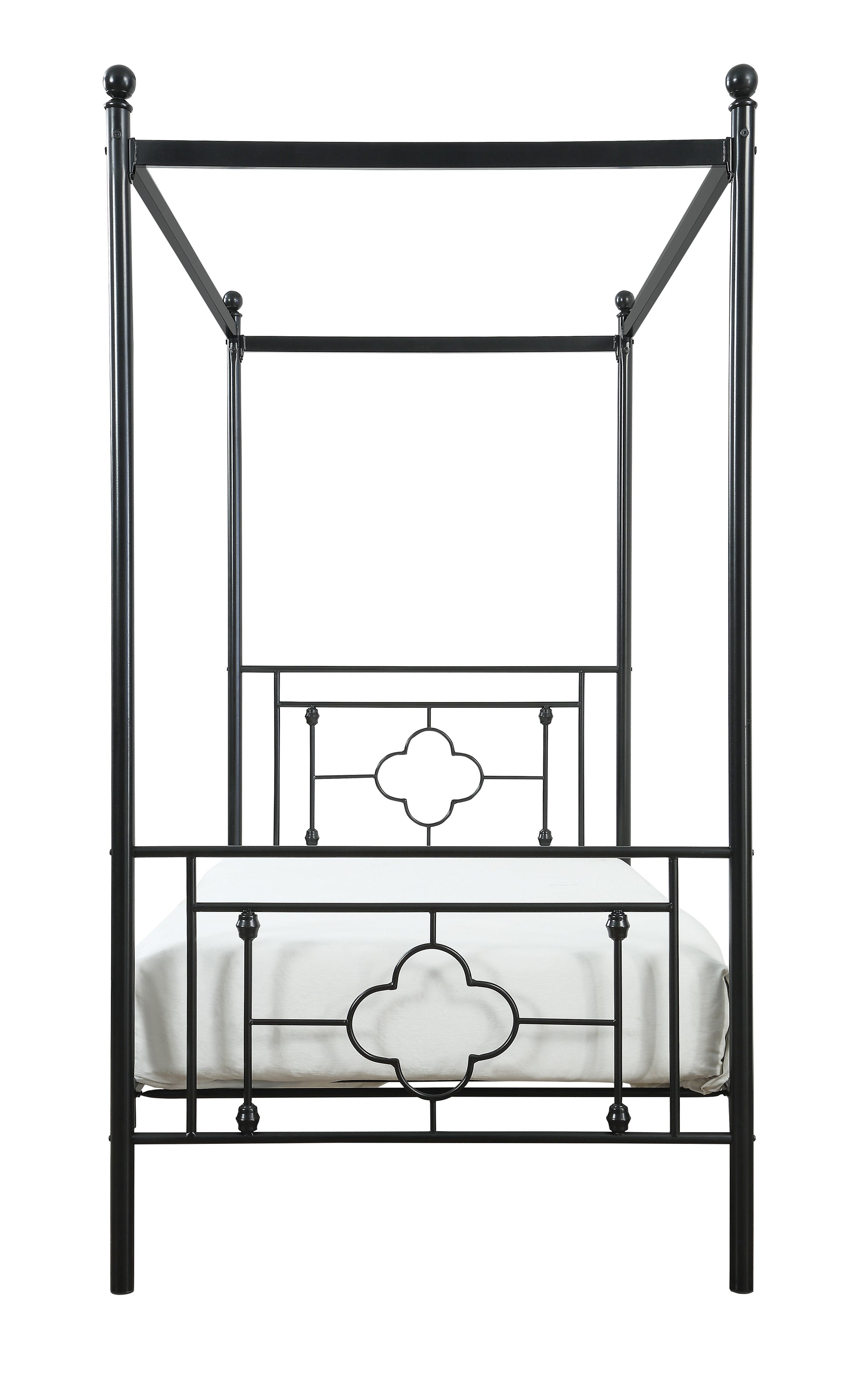 Black metal four poster bed frame with decorative quatrefoil headboard and footboard