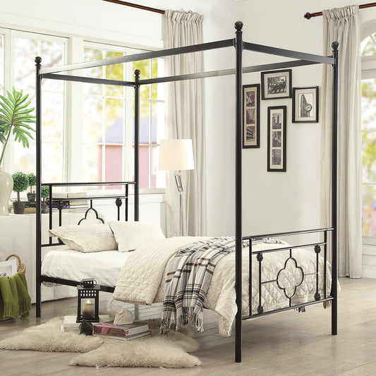 Black metal canopy bed with ornate headboard and footboard queen size
