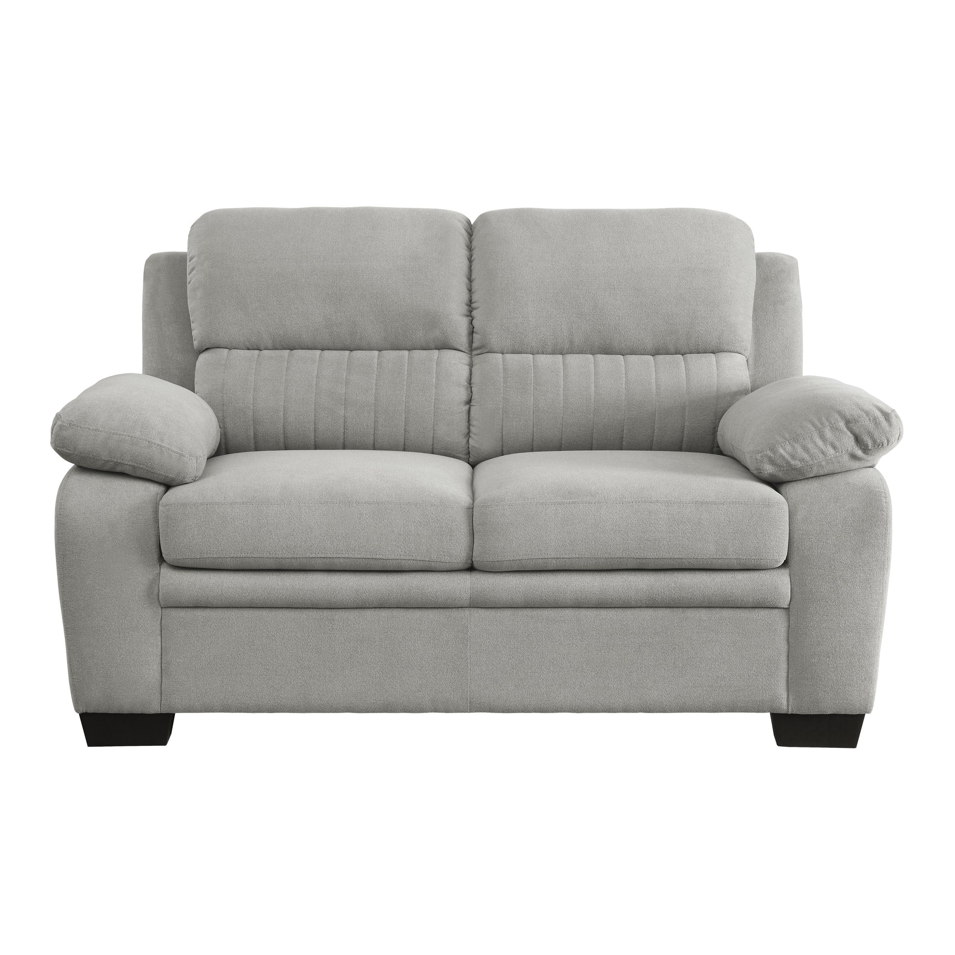 Light gray fabric loveseat with tufted back cushions and plush armrests