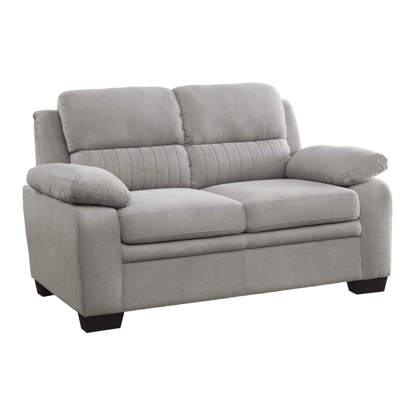 Comfortable gray fabric loveseat with channeled back cushions and plush armrests