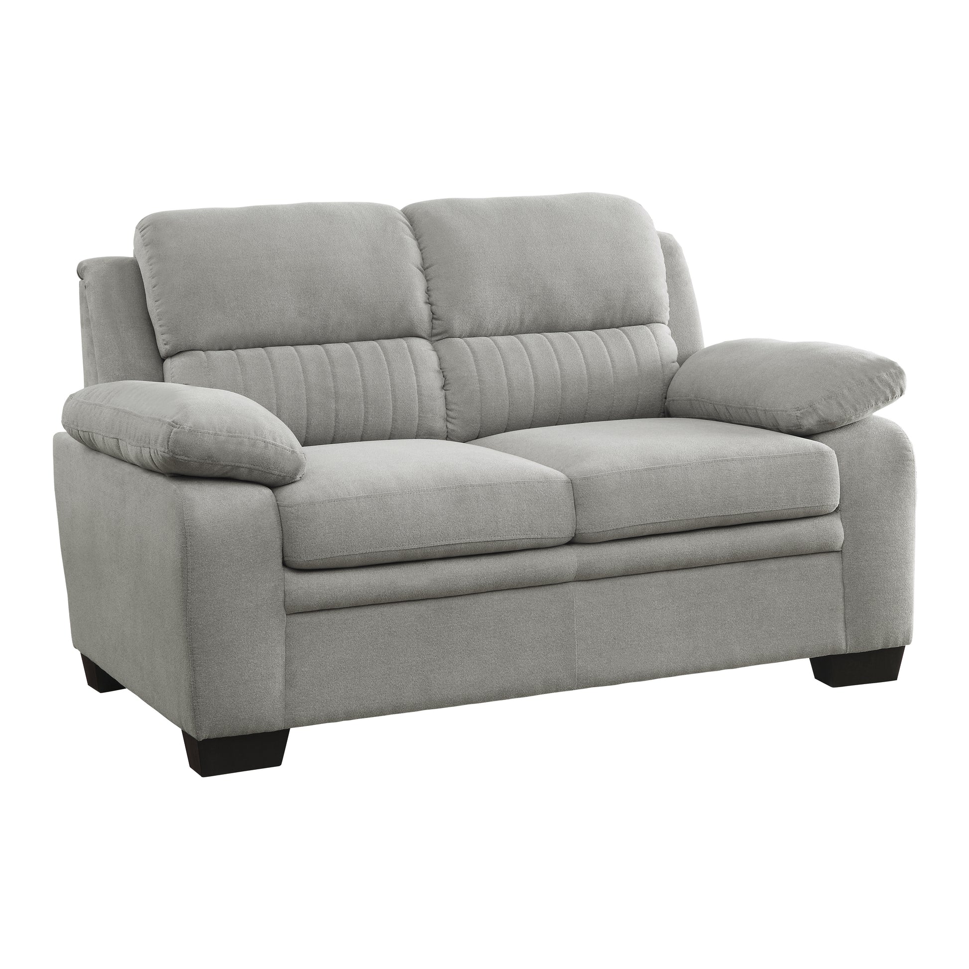Comfortable gray fabric loveseat with channeled back cushions and plush armrests