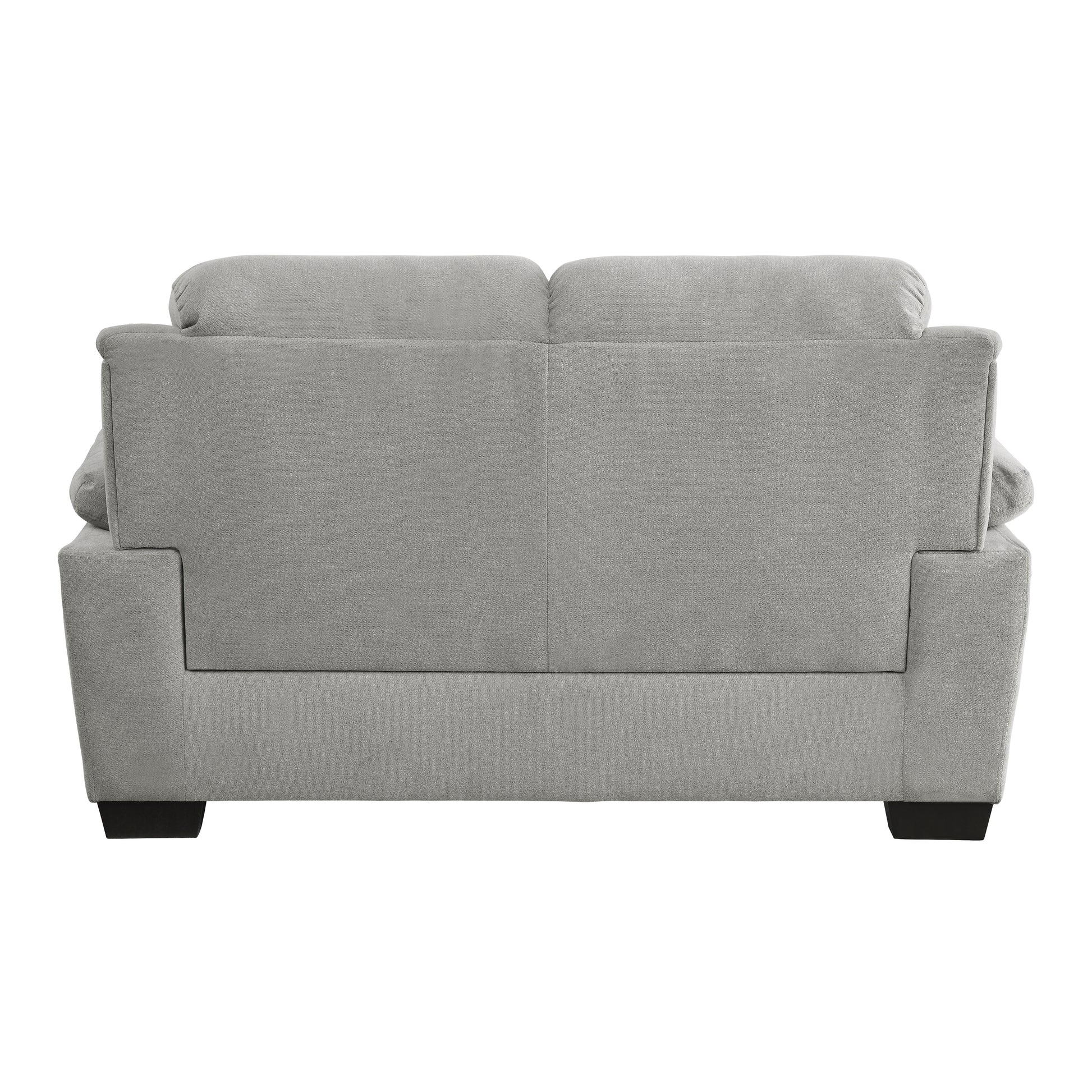 Back view of a plush grey fabric twoseater sofa with square arms and dark block feet