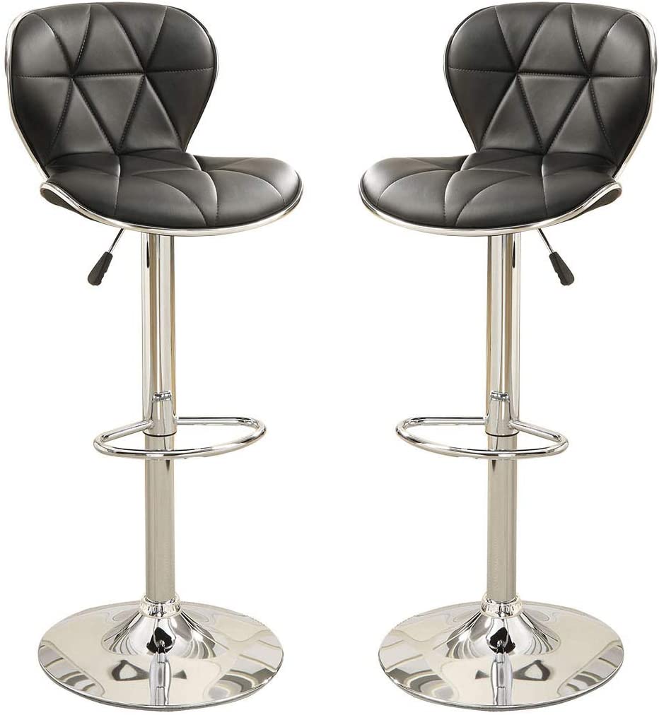 Two black faux leather bar stools with diamondstitched upholstery and chrome bases