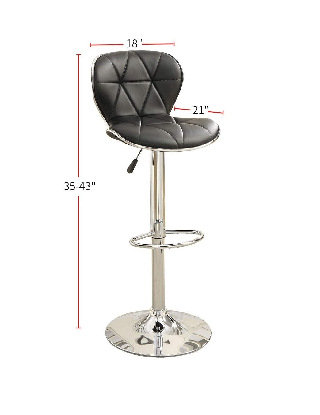 Adjustable height black leatherette bar stool with diamond tufting and chrome base