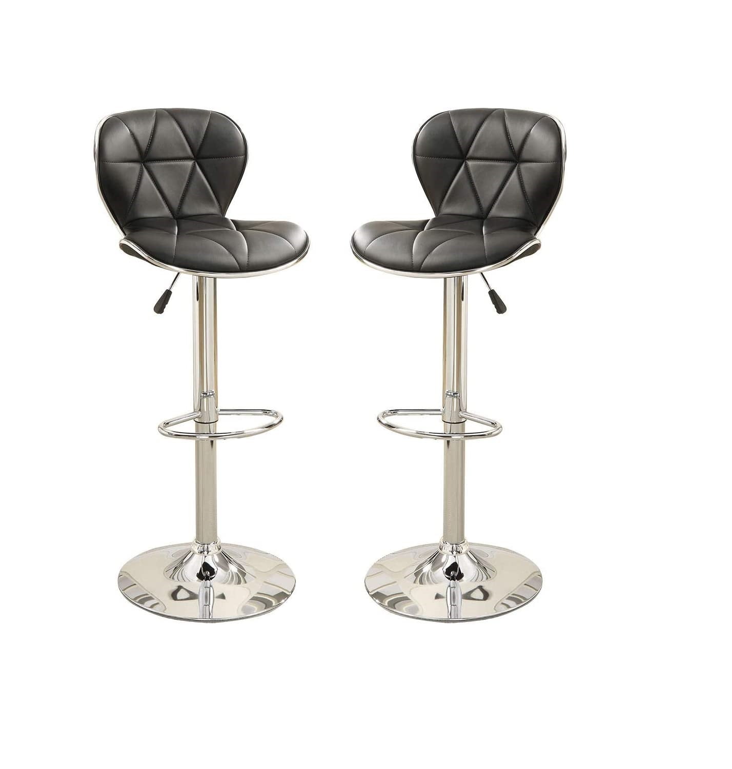 Pair of black faux leather bar stools with chrome accents and adjustable height