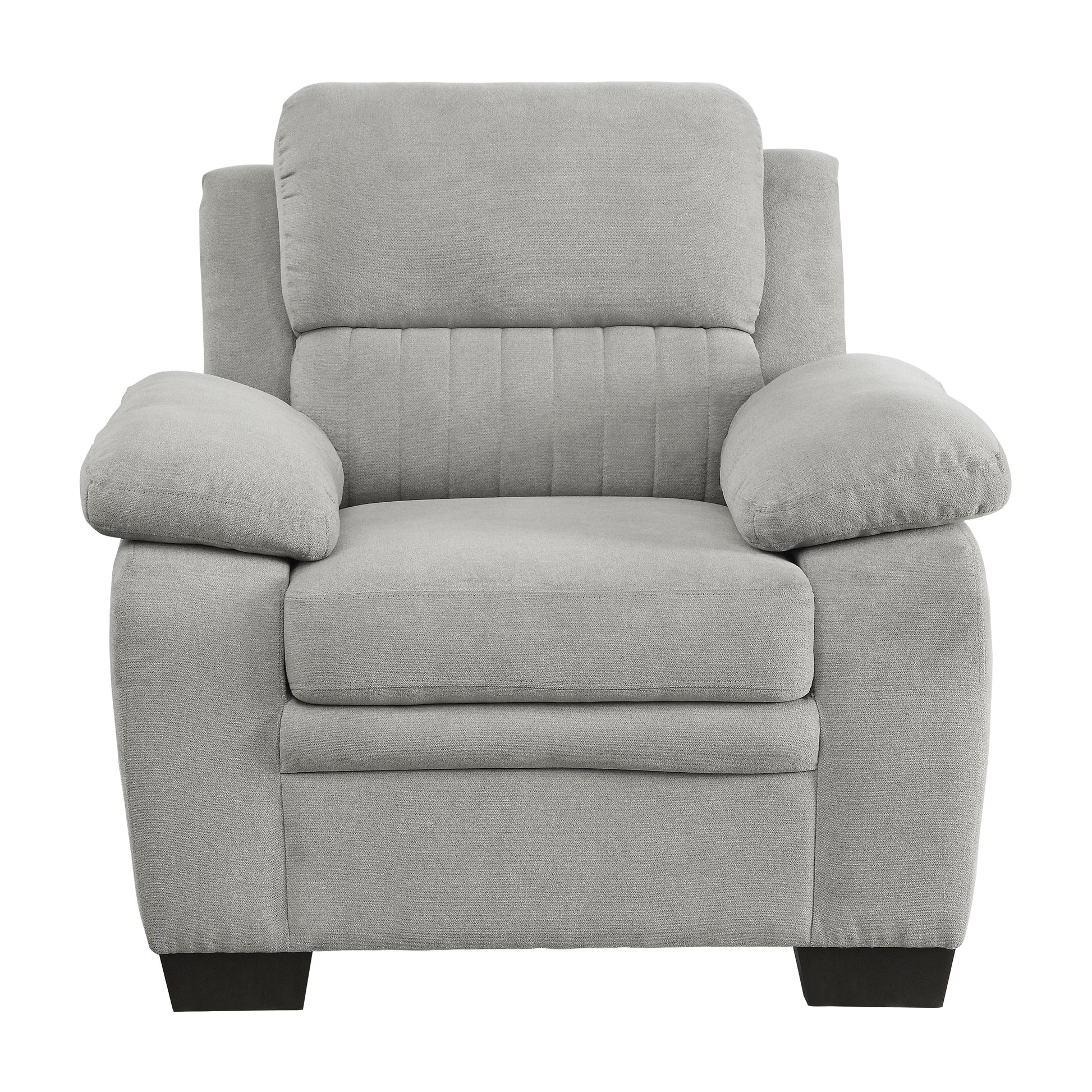Plush grey fabric armchair with padded headrest and wide arms ideal for living rooms
