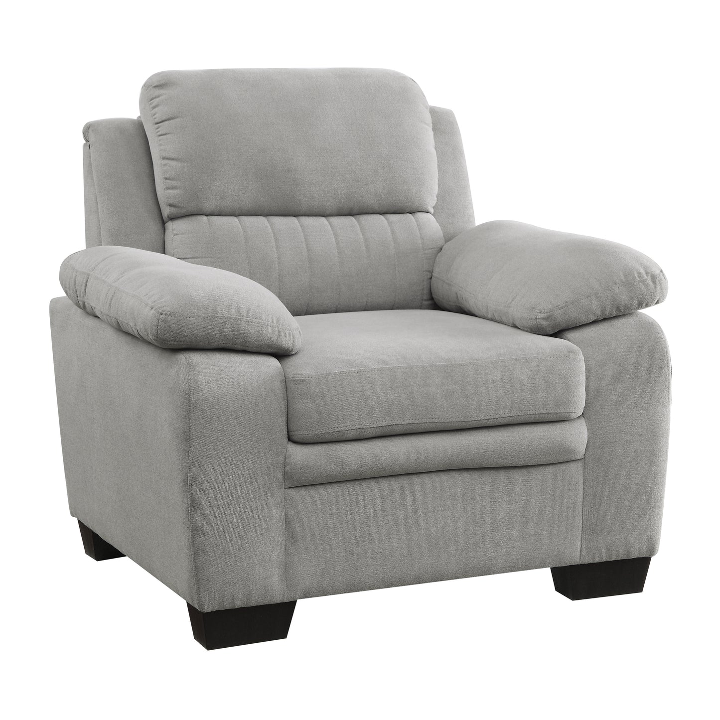 Plush grey fabric recliner chair with supportive cushions and sturdy dark wood legs