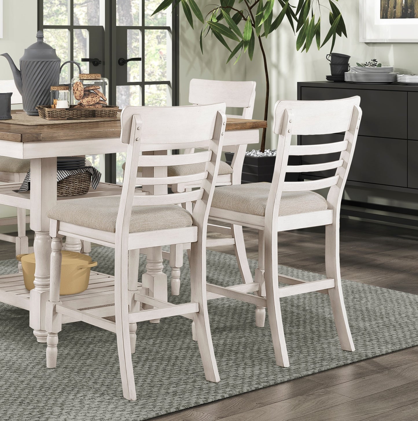 Cream distressed counter stool with slatted back and upholstered seat