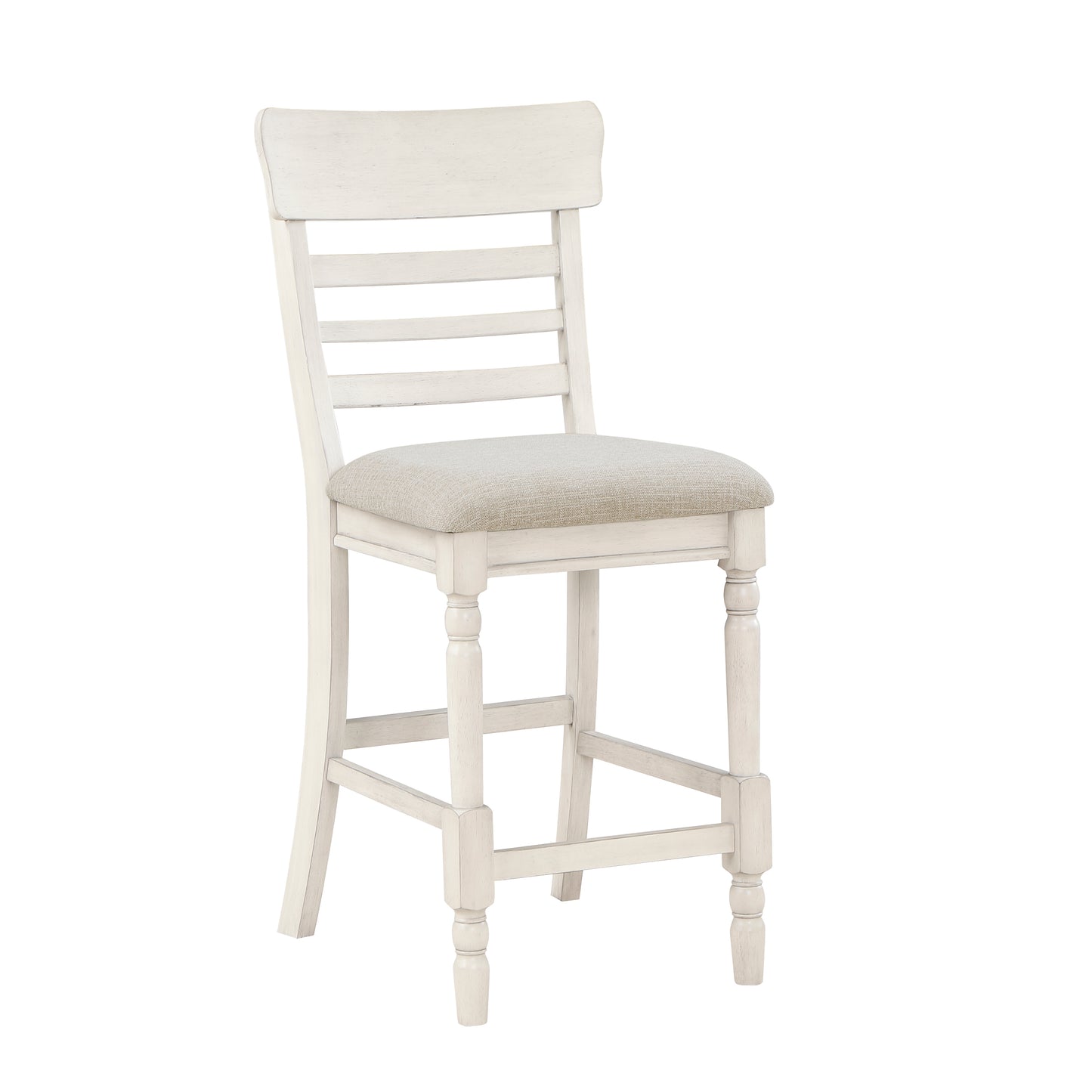 Distressed white wooden bar stool with upholstered seat and ladder back design