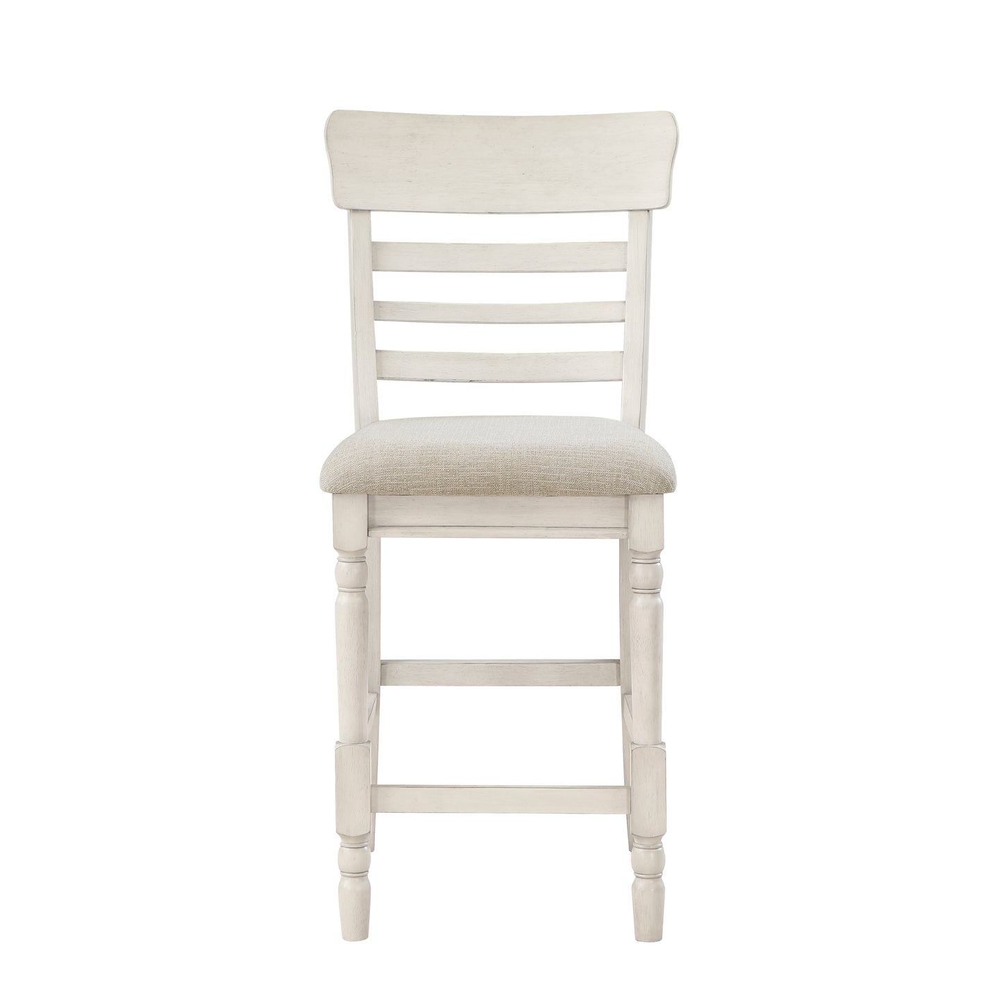 Distressed white wooden bar stool with a linen upholstered seat