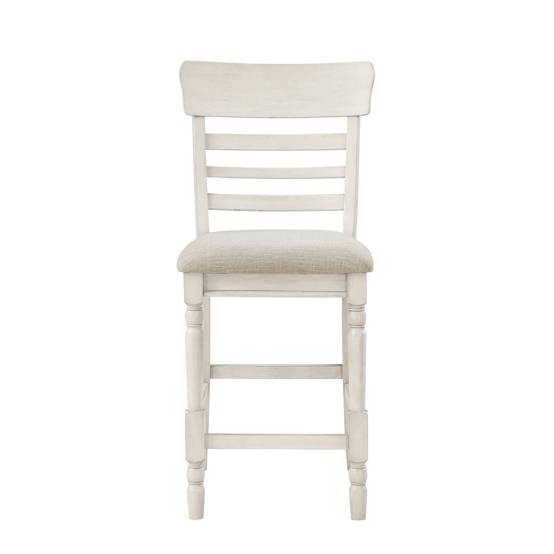 Distressed white wooden bar stool with a linen upholstered seat
