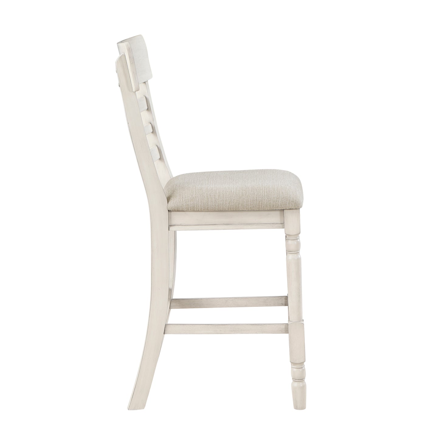 Distressed white wood bar stool with a neutral upholstered seat and decorative back slats