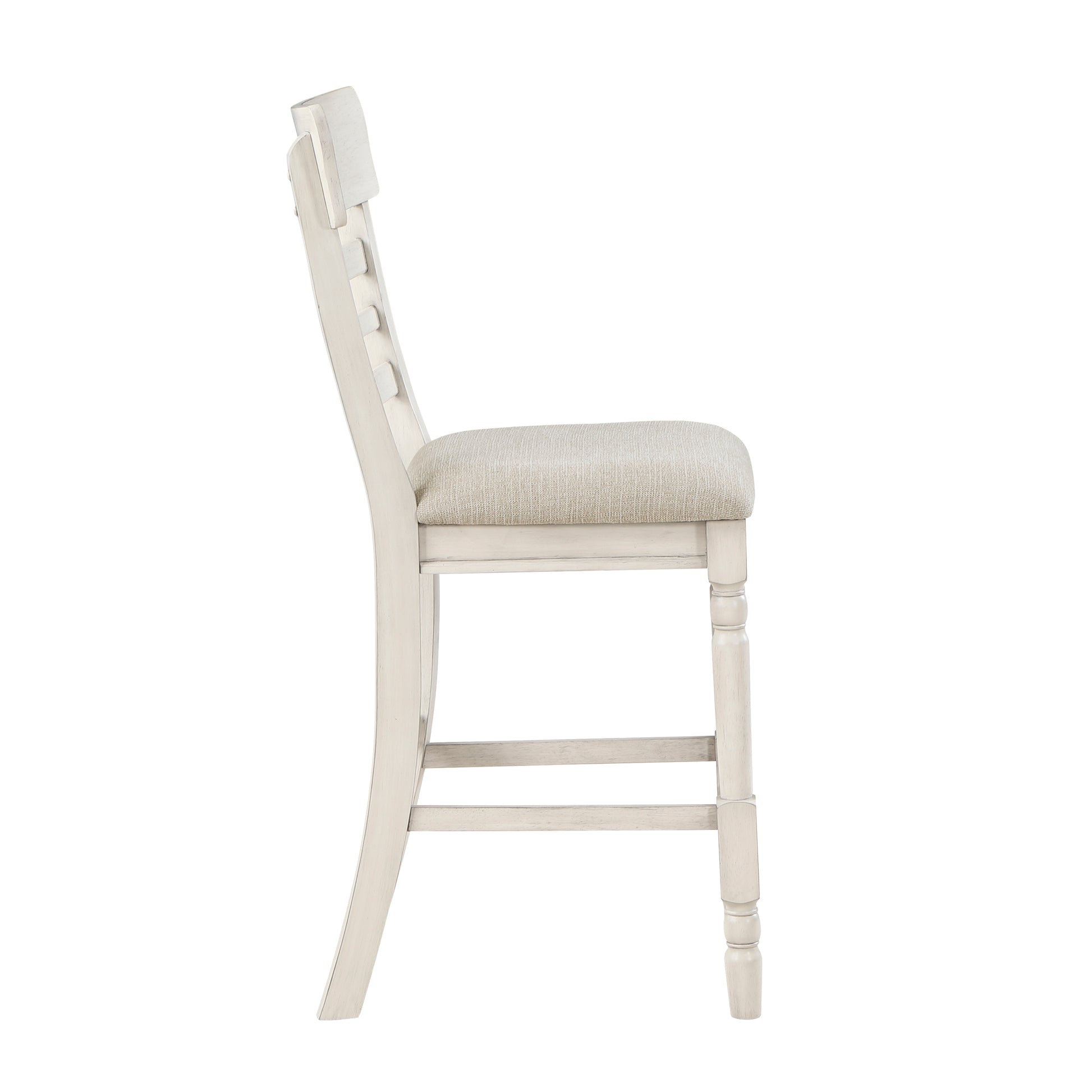 Distressed white wood bar stool with a neutral upholstered seat and decorative back slats