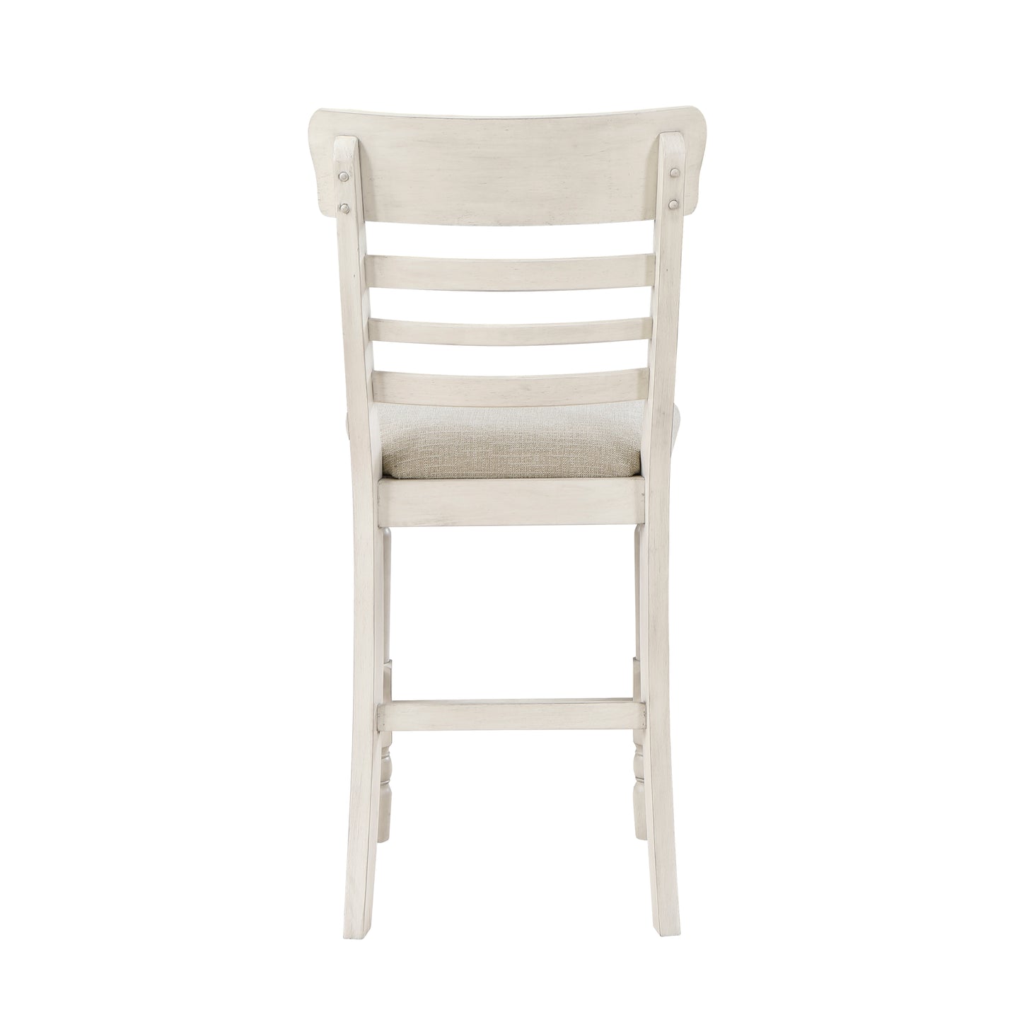 Distressed white wood bar stool with upholstered seat rustic design