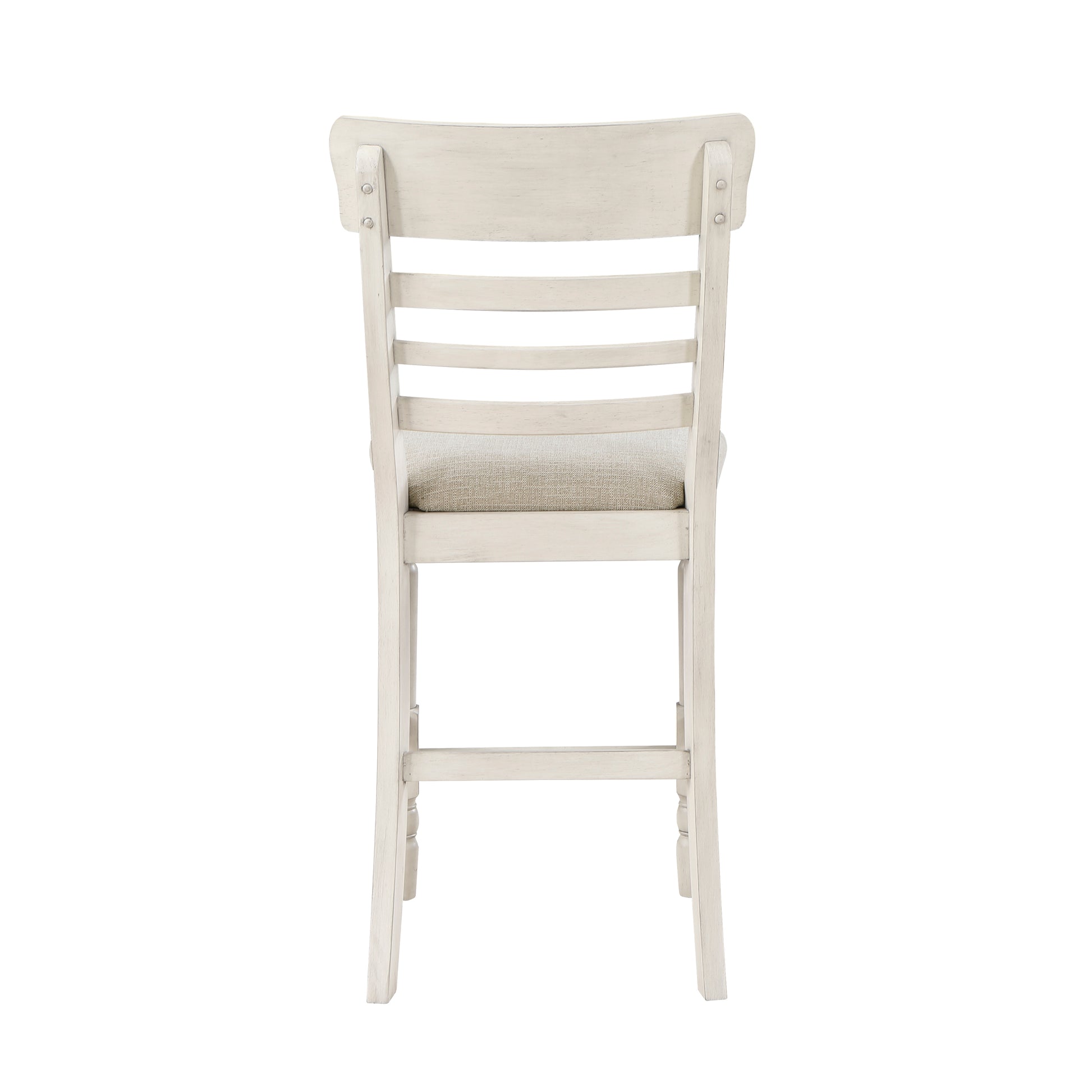 Distressed white wood bar stool with upholstered seat rustic design