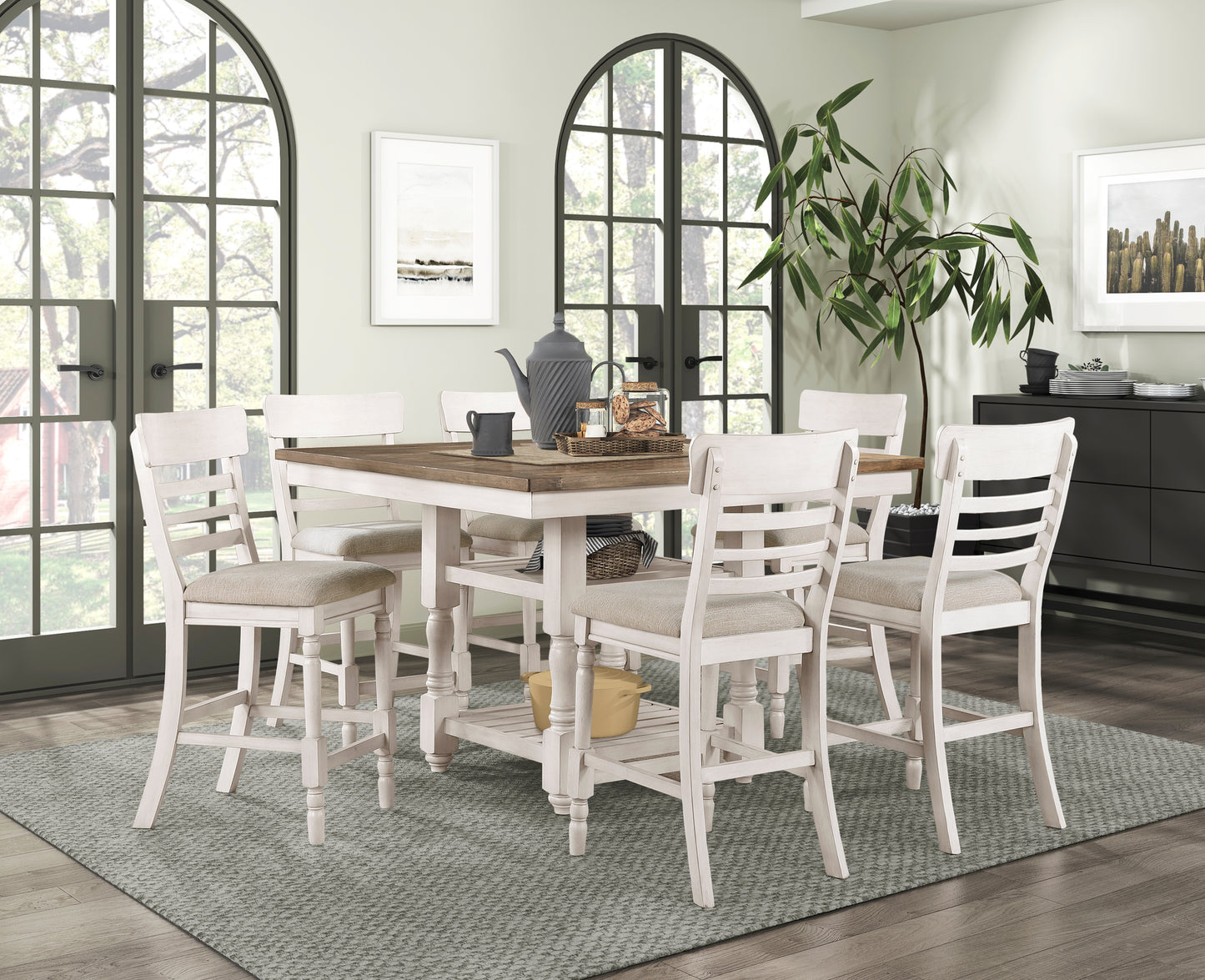 Farmhouse style counter height dining set with distressed white base and wooden top