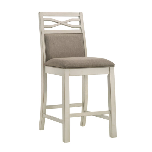 Cream distressed wood bar stool with woven grey upholstered seat and backrest