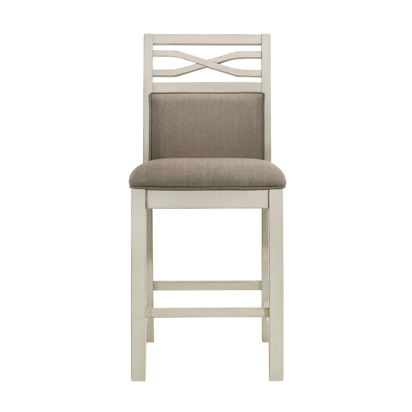 Creamcolored wooden bar stool with upholstered grey seat and crisscross back detail