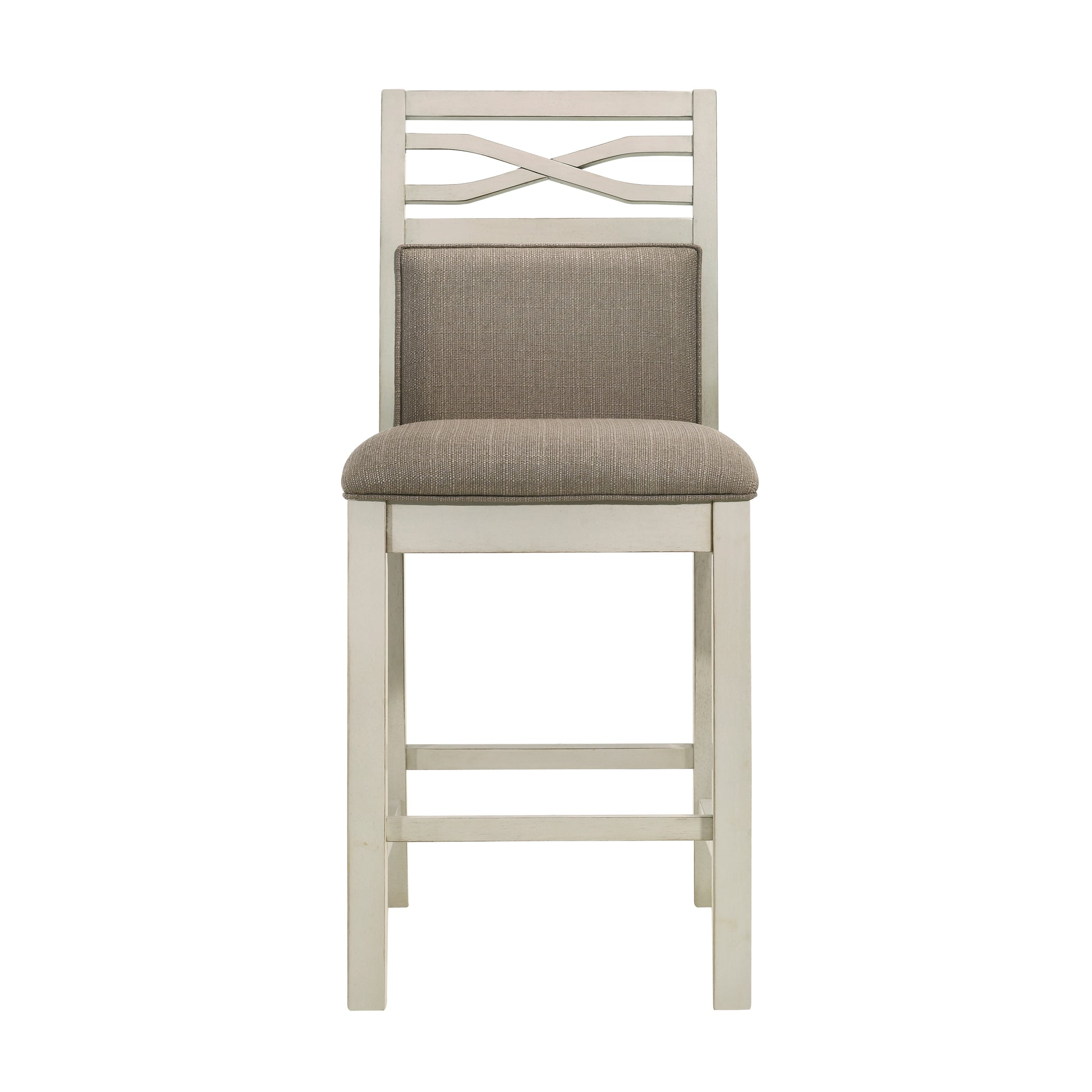 Creamcolored wooden bar stool with upholstered grey seat and crisscross back detail