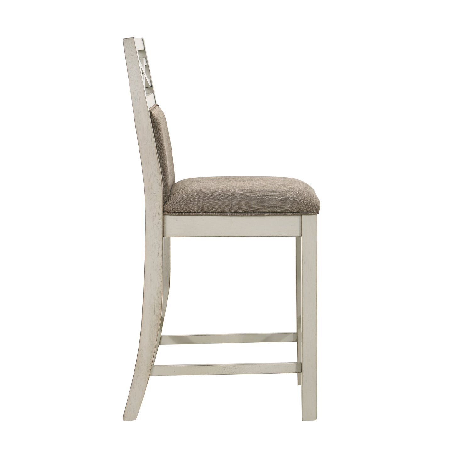 Rustic beige upholstered counter stool with distressed white wood frame and Xback detail