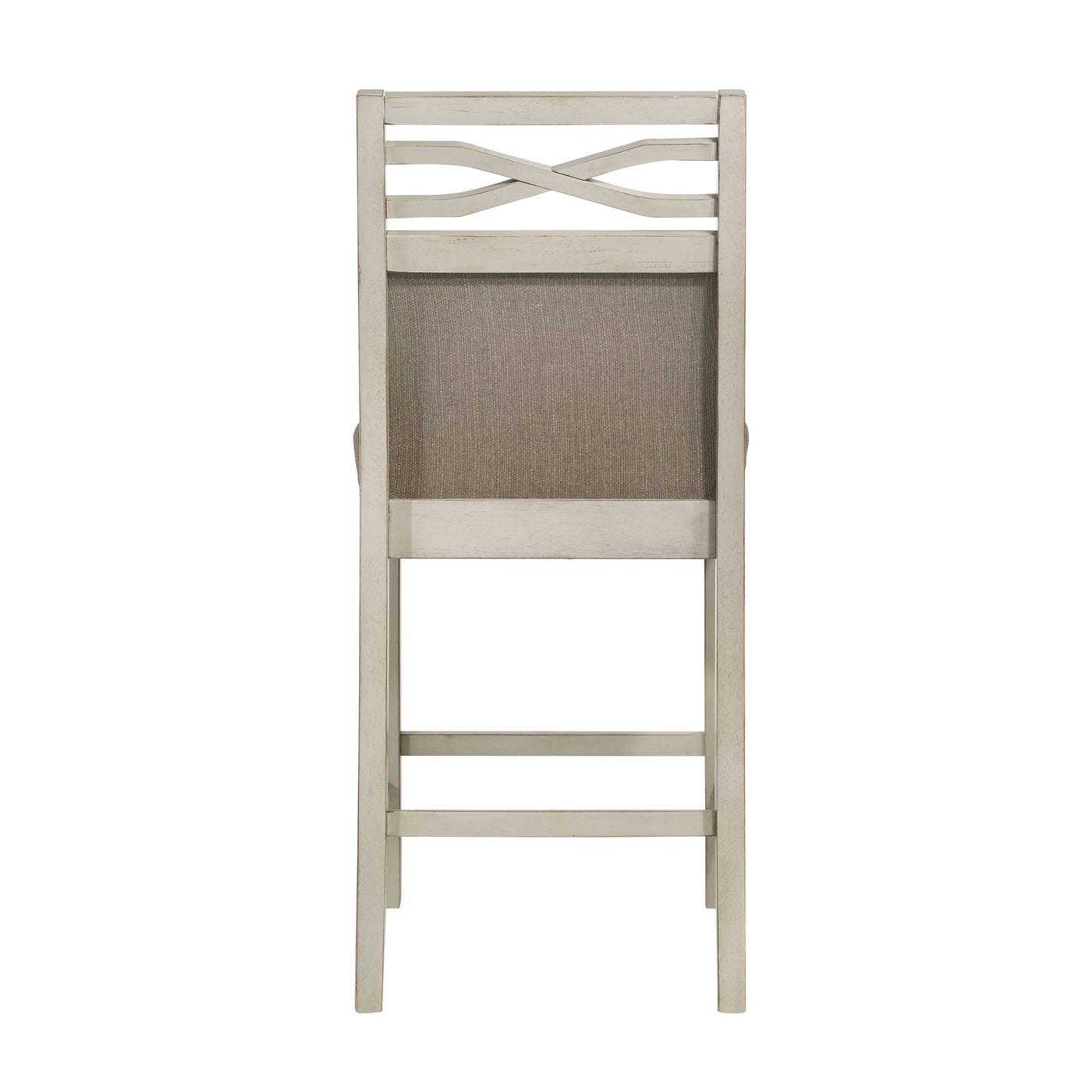 White wash wooden bar stool with woven taupe upholstered seat and crisscross back detail