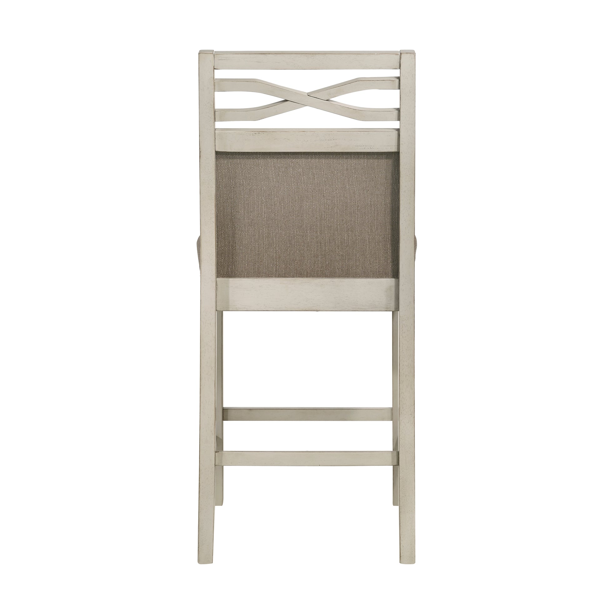White wash wooden bar stool with woven taupe upholstered seat and crisscross back detail