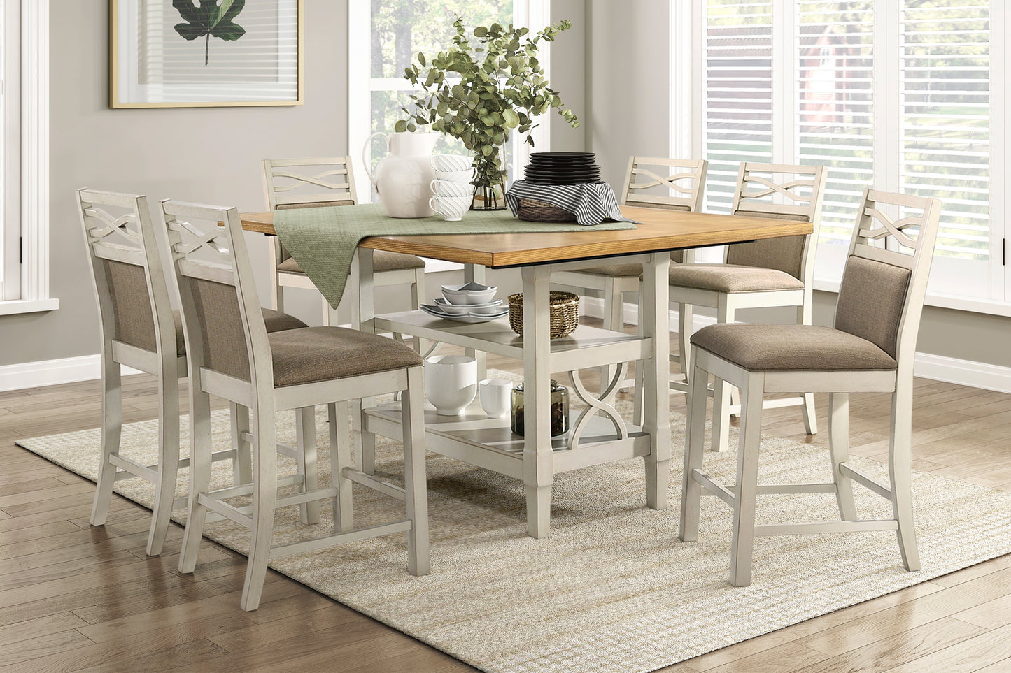 White wood counter stool with grey upholstered seat and crisscross back