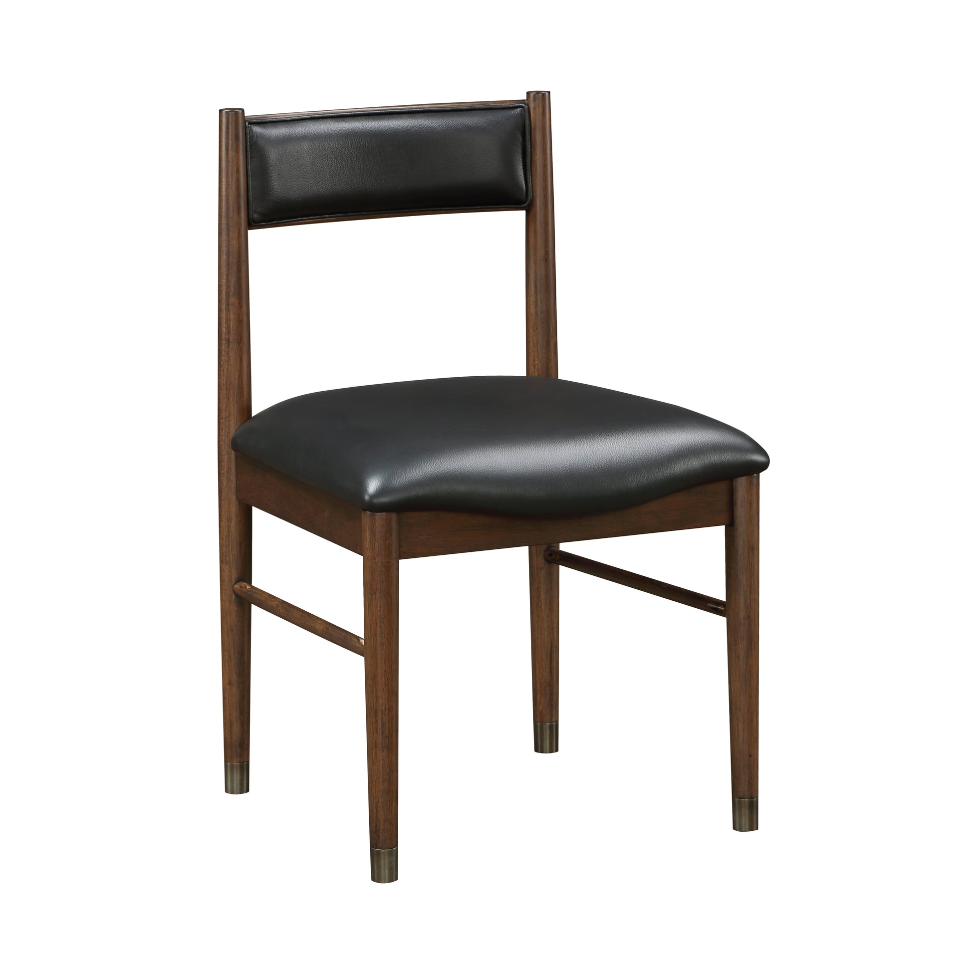 A dark wood dining chair with a black faux leather seat and back