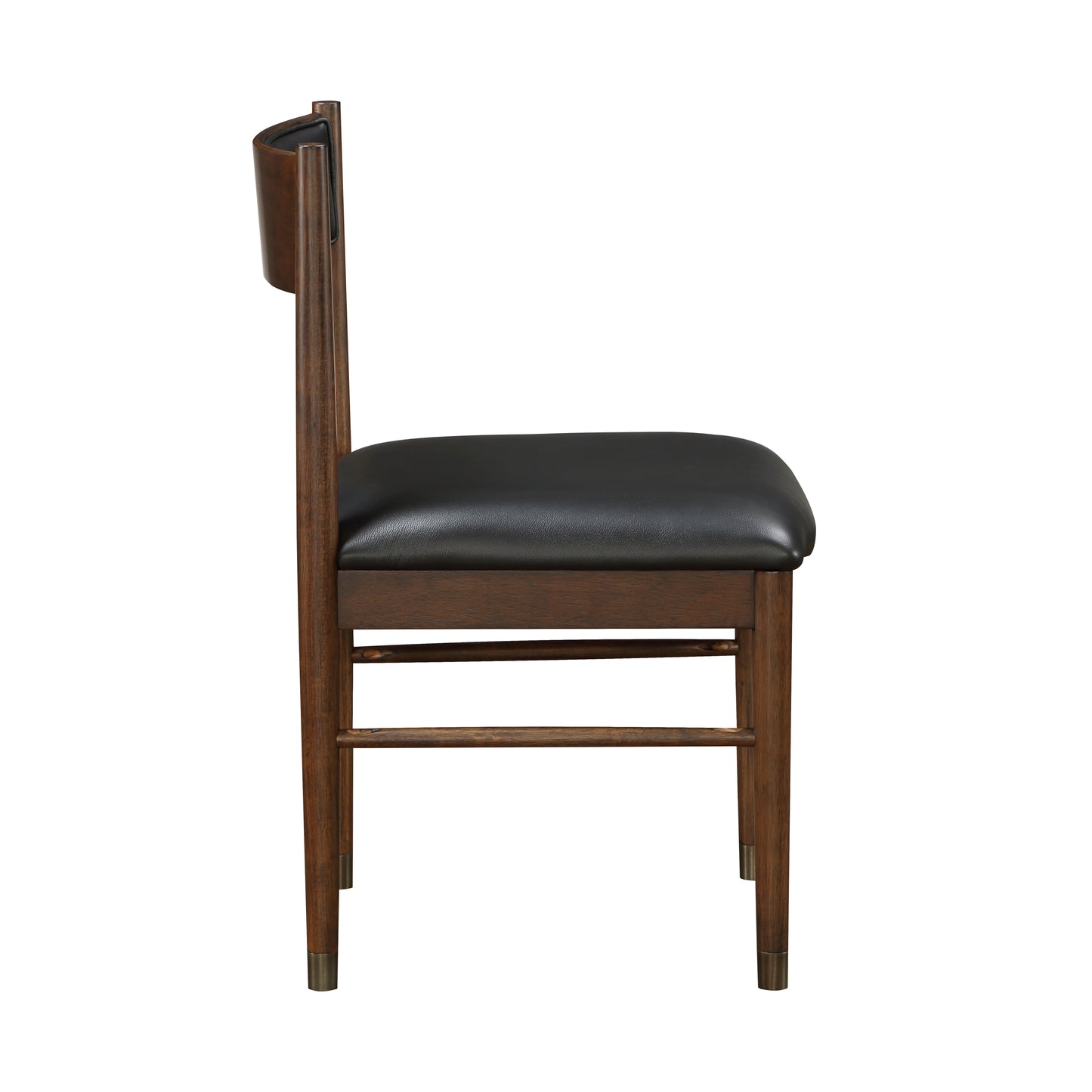 Dark walnut dining chair with black leather seat and curved backrest