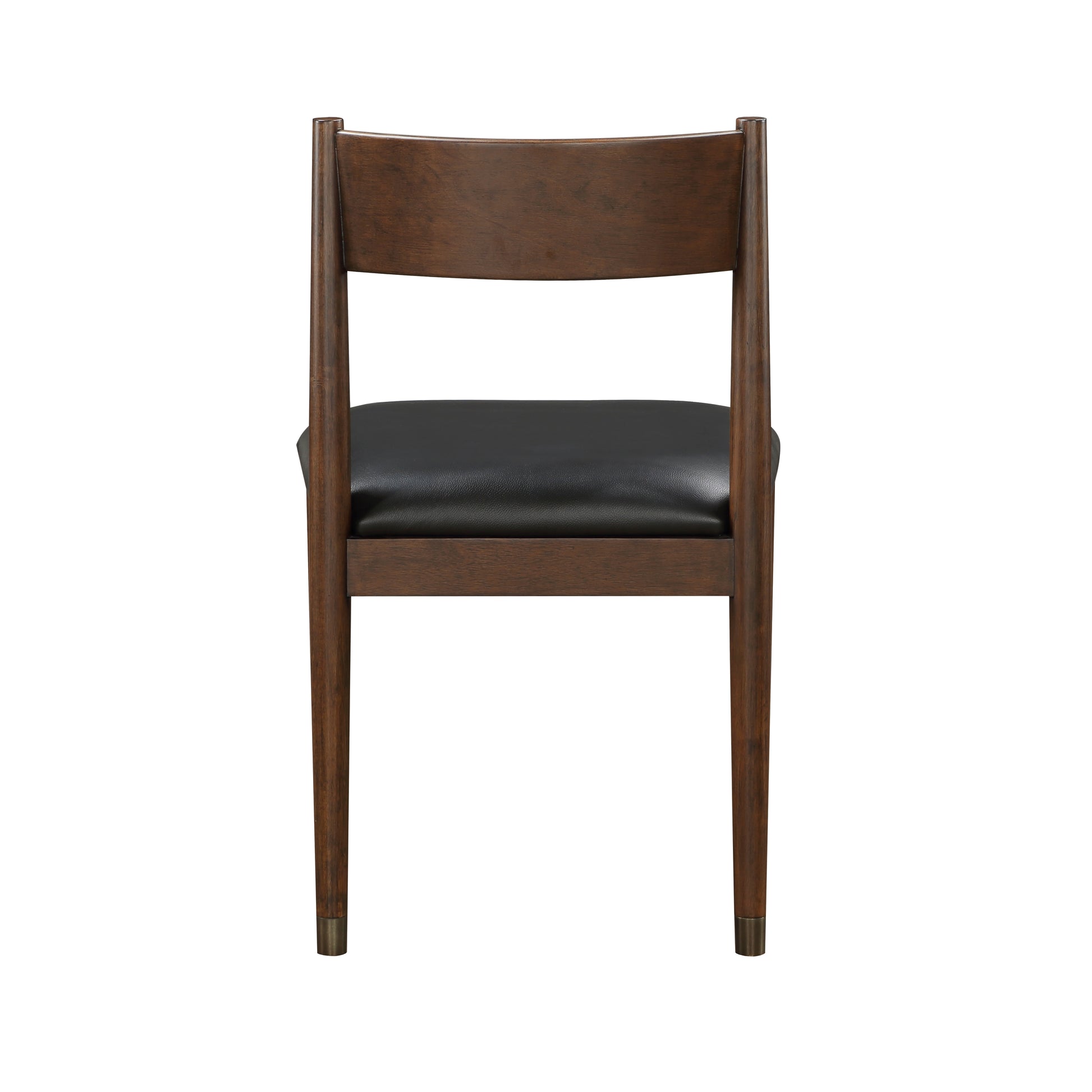 Dark wood dining chair with black leather seat and brass capped legs