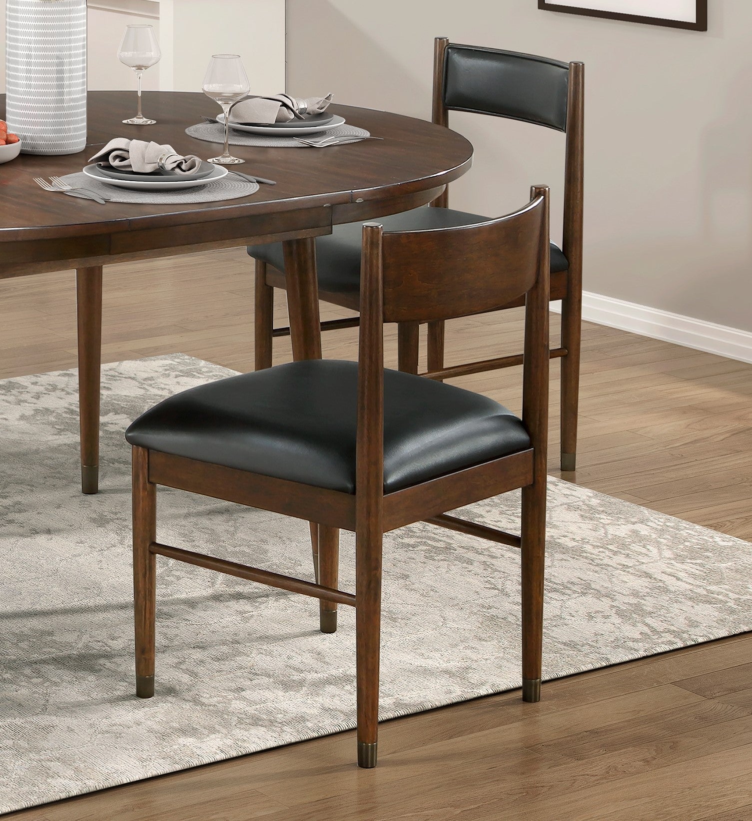Brown wood dining chair with black faux leather seat and backrest modern design