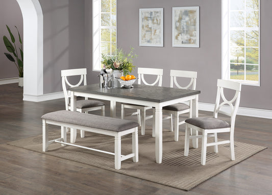 White and gray farmhouse dining set with wooden tabletop and upholstered bench