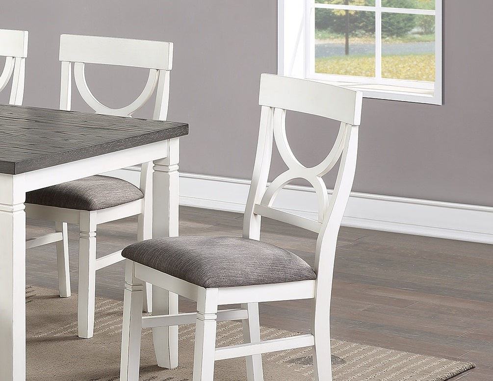 White counter stool with upholstered grey seat and classic crossover back design