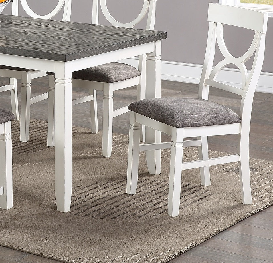 White upholstered dining chair with grey fabric seat and Xback design