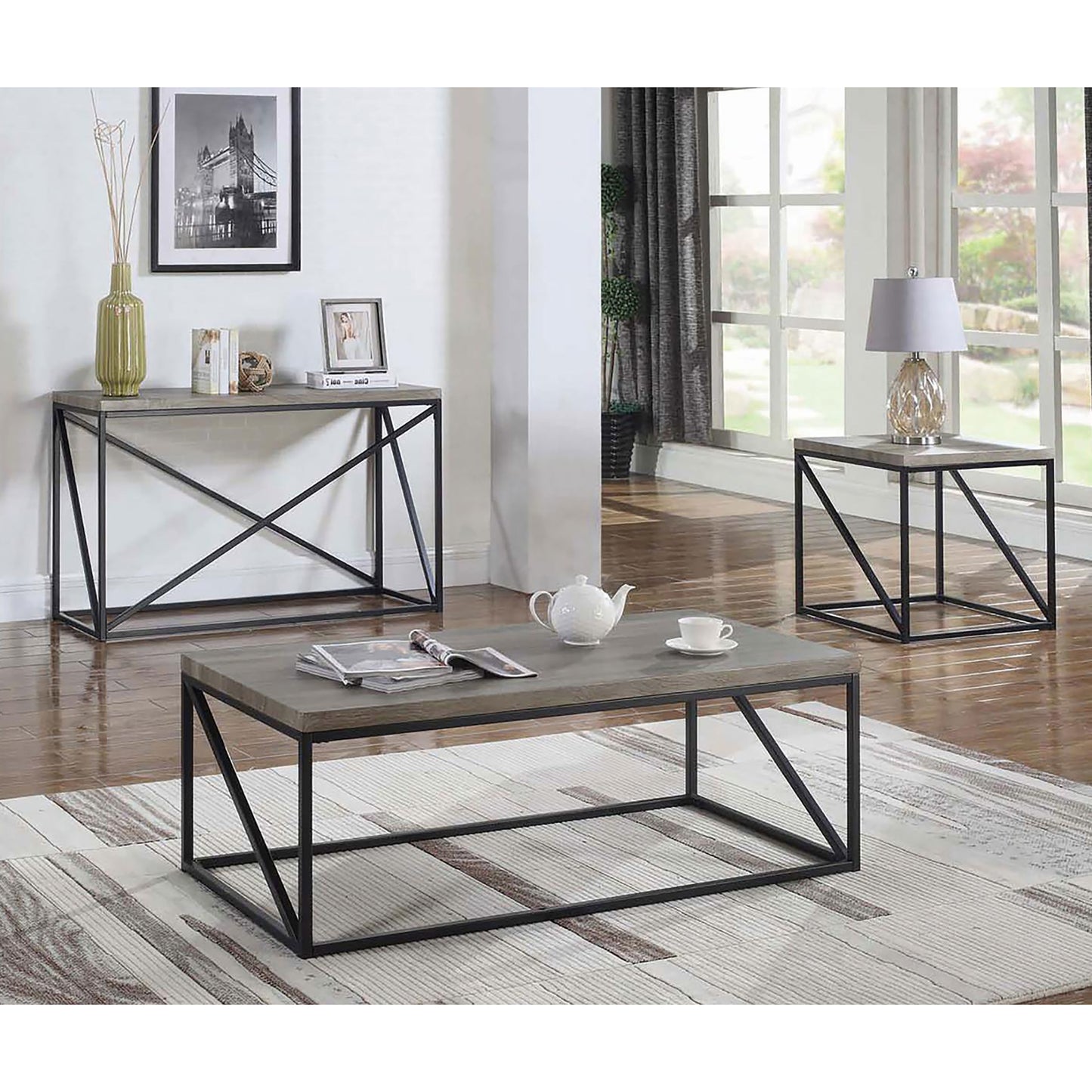 Modern grey wood coffee table with black metal frame perfect for living rooms