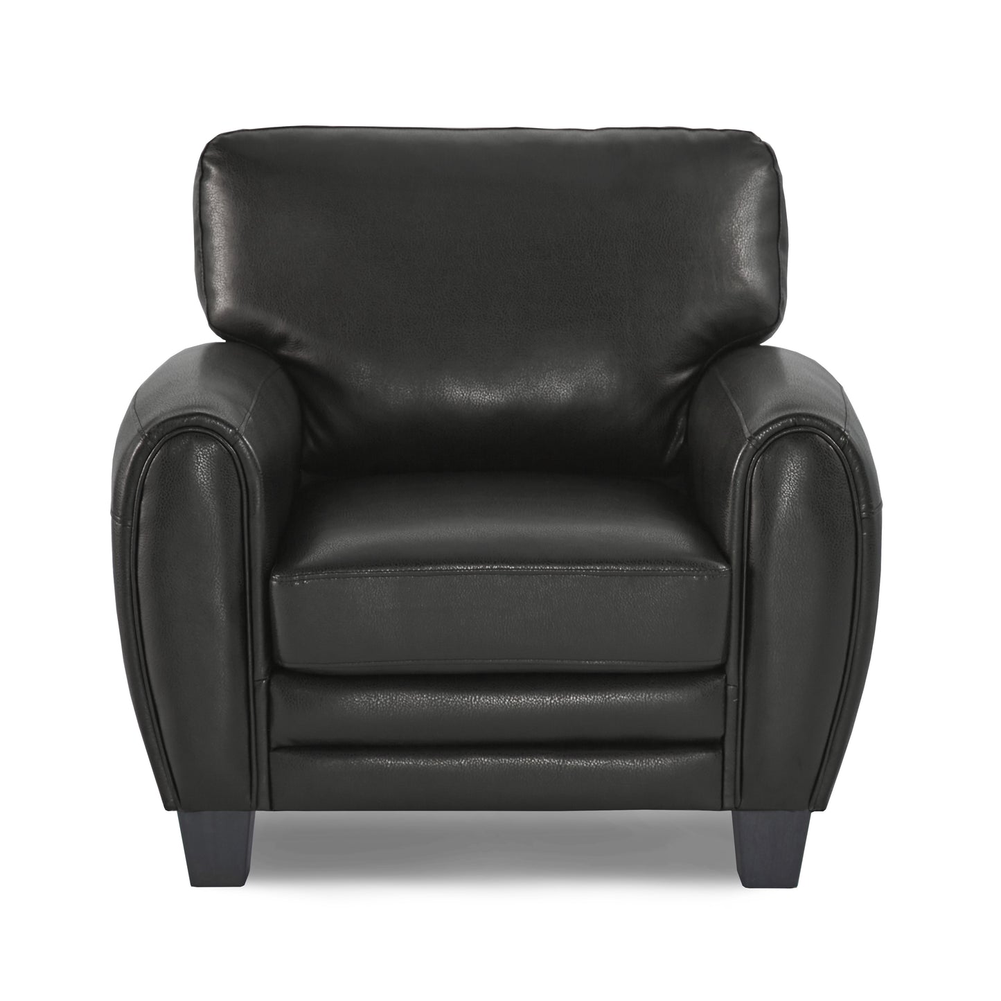 Classic black leather armchair with plush cushions and dark wood legs