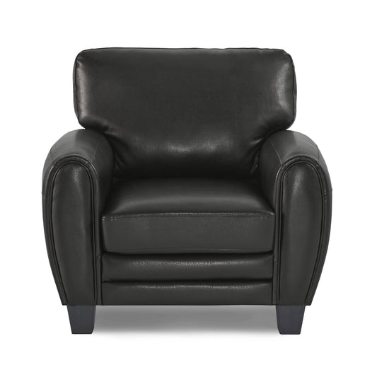 Classic black leather armchair with plush cushions and dark wood legs