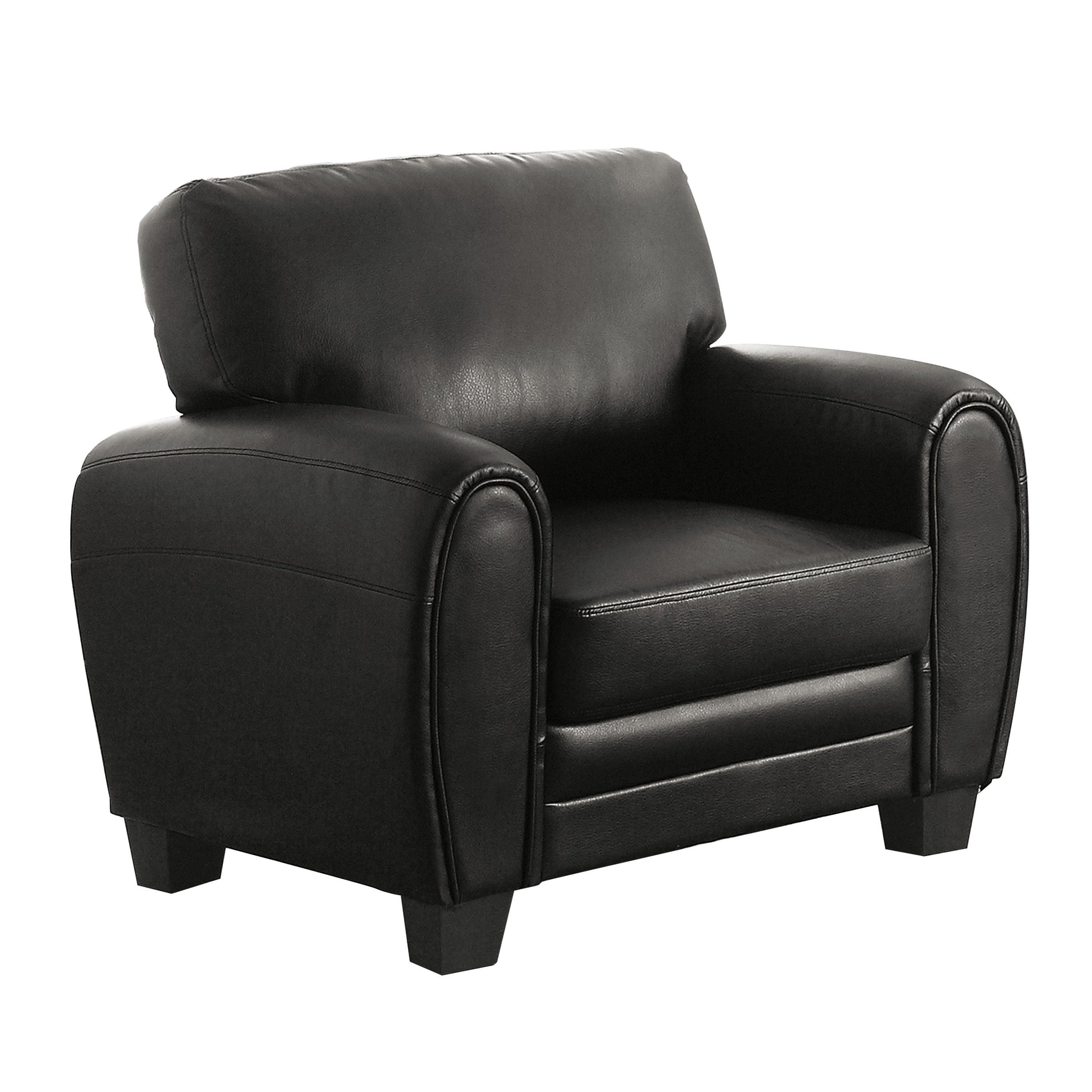 Black leather accent chair with plush cushioning and rolled arms for comfort